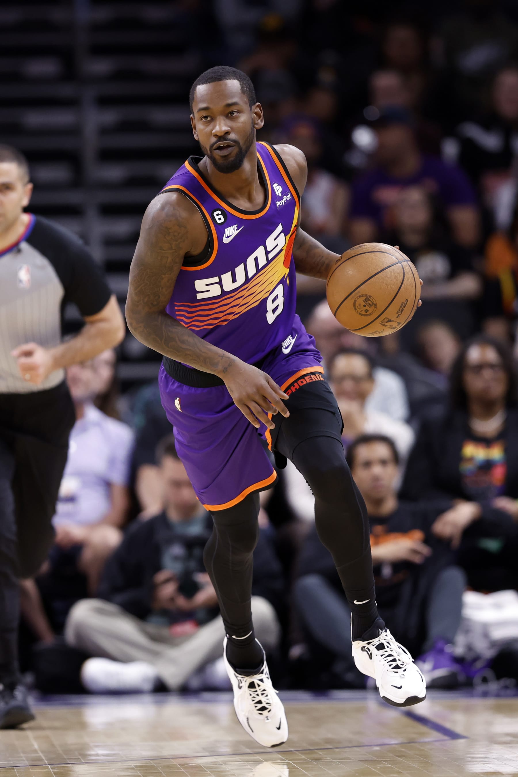 PHOENIX, ARIZONA - APRIL 09: Terrence Ross #8 of the Phoenix Suns dribbles the ball during the game against the Los Angeles Clippers at Footprint Center on April 09, 2023 in Phoenix, Arizona. The Clippers defeated the Suns 119-114. NOTE TO USER: User expressly acknowledges and agrees that, by downloading and or using this photograph, User is consenting to the terms and conditions of the Getty Images License Agreement.  (Photo by Chris Coduto/Getty Images)