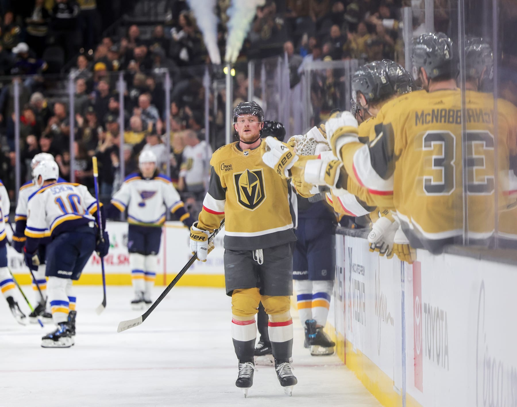 LAS VEGAS, NEVADA - DECEMBER 04: Jack Eichel #9 of the Vegas Golden Knights celebrates with teammates on the bench after scoring a third-period power-play goal against the St. Louis Blues during their game at T-Mobile Arena on December 04, 2023 in Las Vegas, Nevada. The Blues defeated the Golden Knights 2-1 in overtime. (Photo by Ethan Miller/Getty Images)