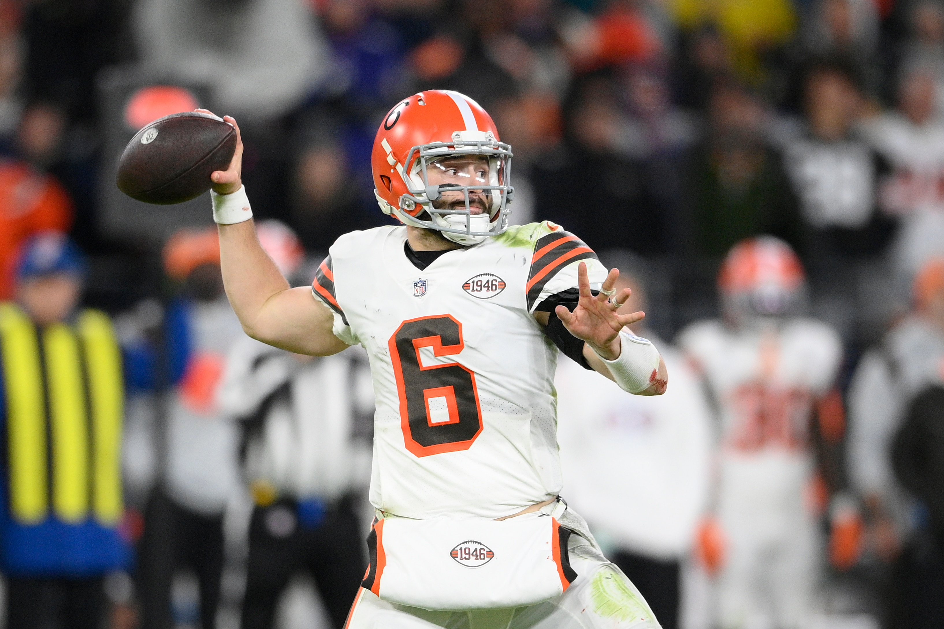 Cleveland Browns quarterback Baker Mayfield (6) in action during the second half of an NFL football game against the Baltimore Ravens, Sunday, Nov. 28, 2021, in Baltimore. (AP Photo/Nick Wass)