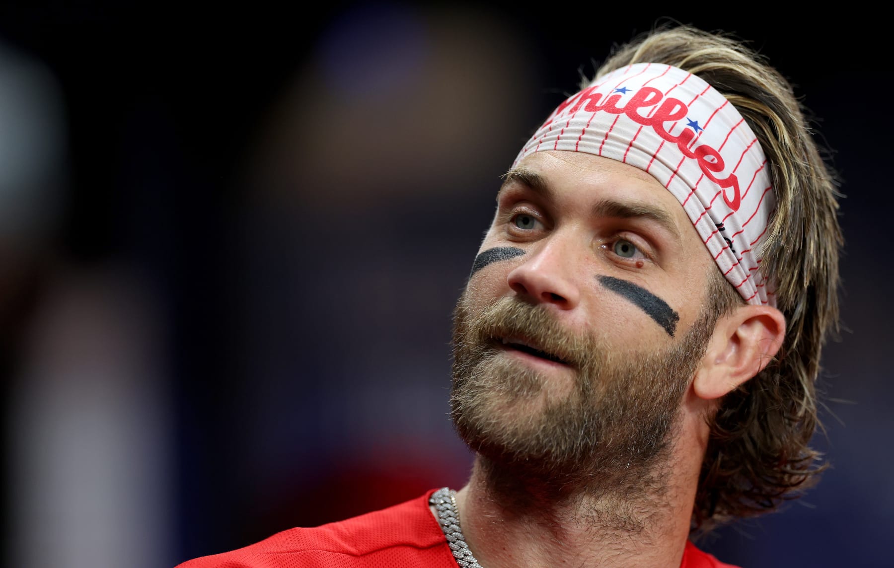 ST PETERSBURG, FLORIDA - JULY 06: Bryce Harper #3 of the Philadelphia Phillies looks on during a game against the Tampa Bay Rays at Tropicana Field on July 06, 2023 in St Petersburg, Florida. (Photo by Mike Ehrmann/Getty Images)