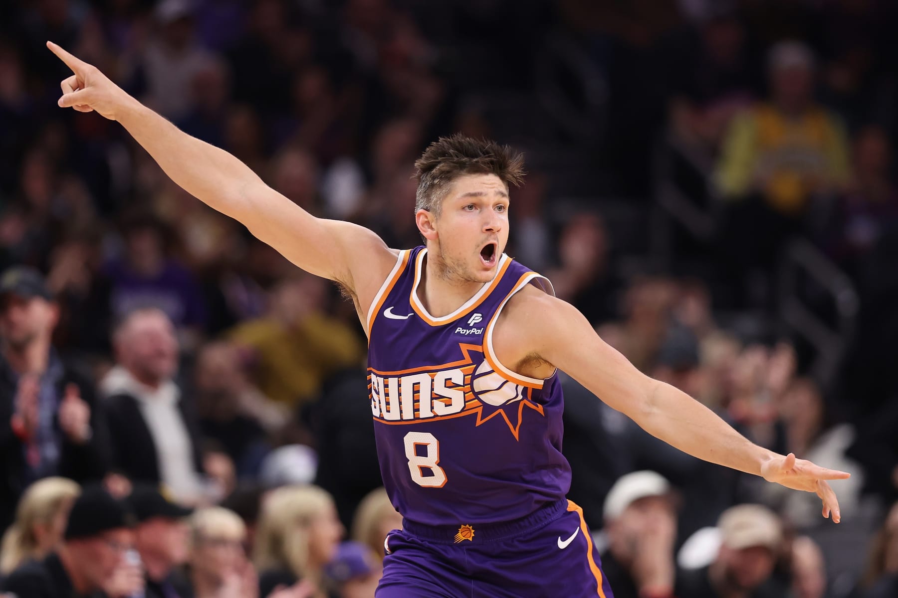 PHOENIX, ARIZONA - JANUARY 21: Grayson Allen #8 of the Phoenix Suns reacts to a three-point shot against the Indiana Pacers during the first half of the NBA game at Footprint Center on January 21, 2024 in Phoenix, Arizona.  NOTE TO USER: User expressly acknowledges and agrees that, by downloading and or using this photograph, User is consenting to the terms and conditions of the Getty Images License Agreement.  (Photo by Christian Petersen/Getty Images)