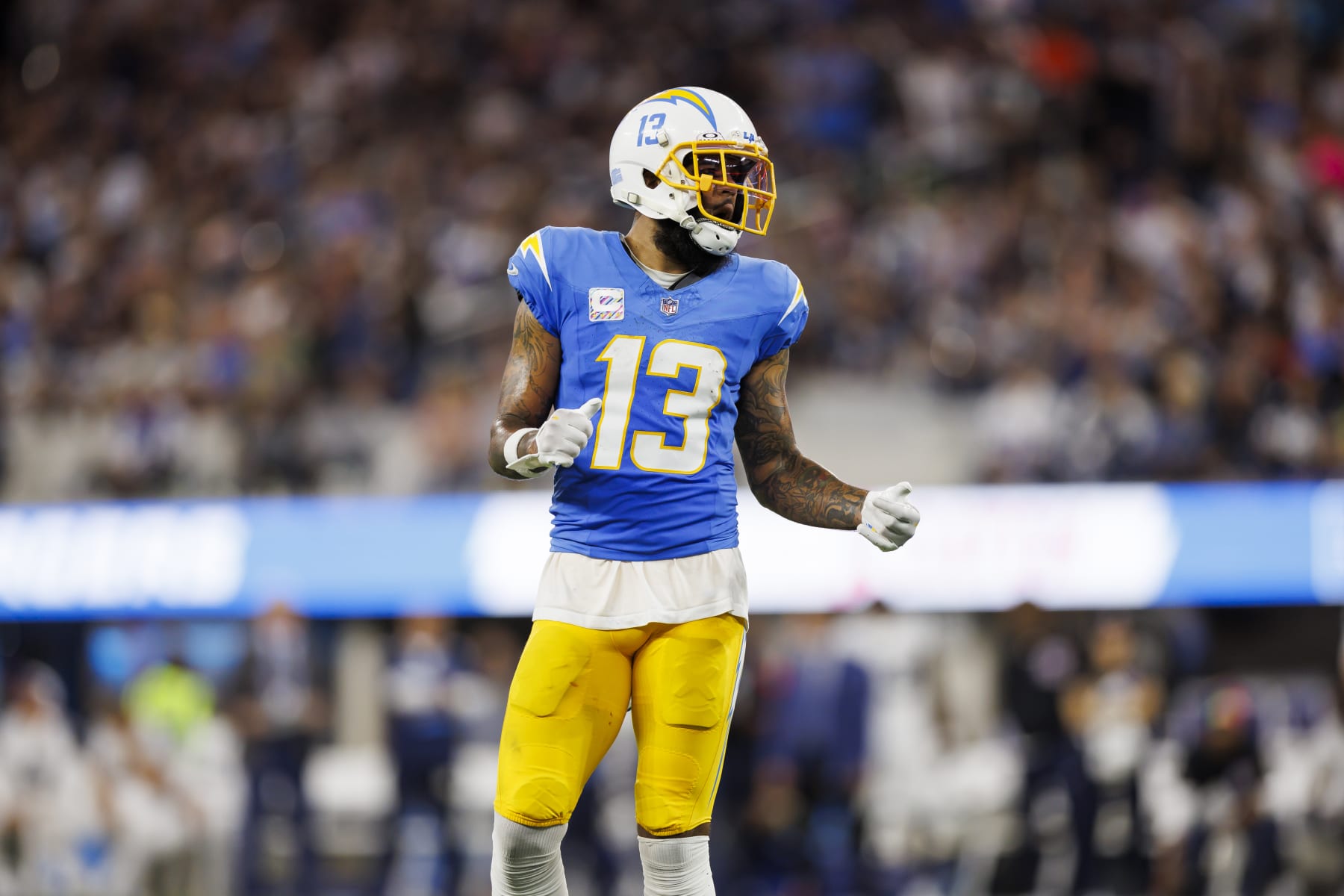 INGLEWOOD, CALIFORNIA - OCTOBER 16: Keenan Allen #13 of the Los Angeles Chargers lines up to run a route during an NFL football game against the Dallas Cowboys at SoFi Stadium on October 16, 2023 in Inglewood, California. (Photo by Ryan Kang/Getty Images)