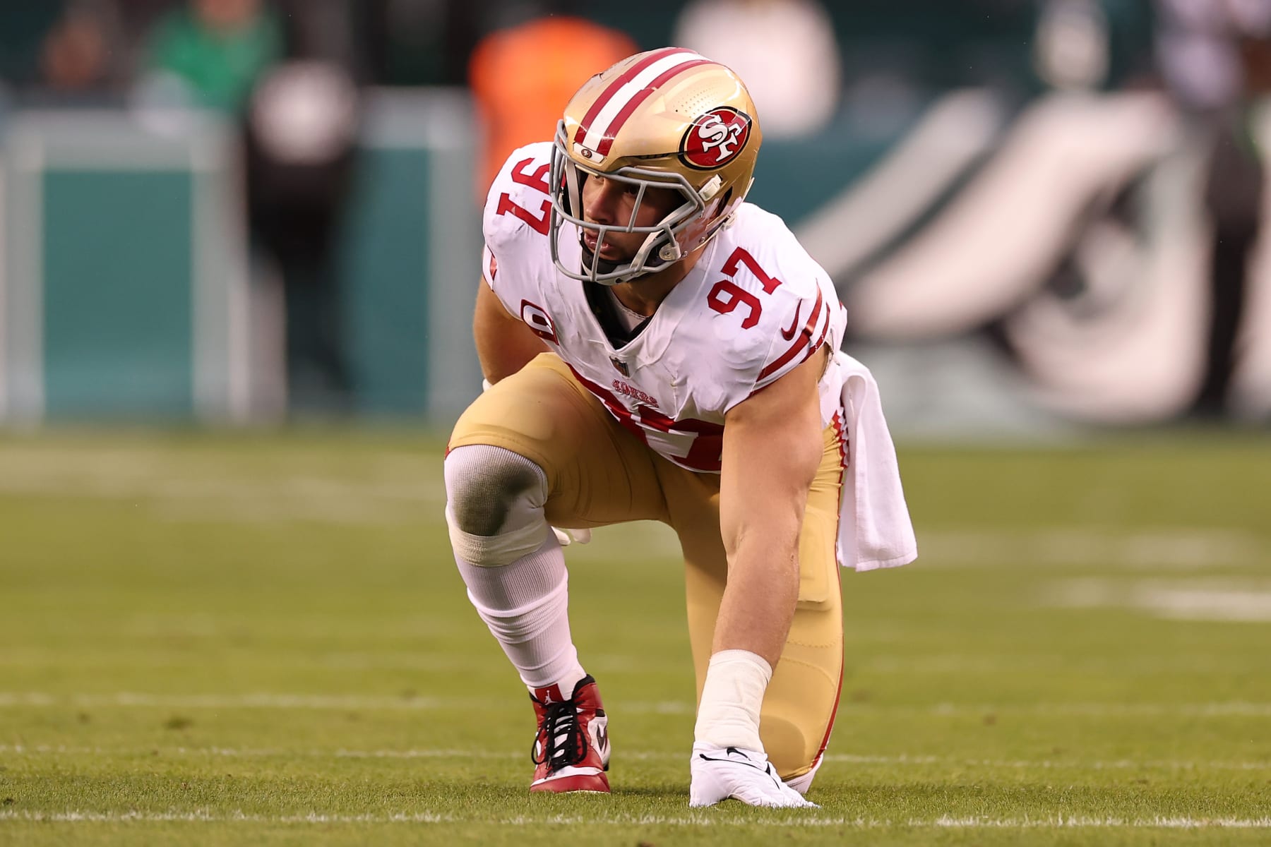 PHILADELPHIA, PENNSYLVANIA - JANUARY 29: Nick Bosa #97 of the San Francisco lines up against the Philadelphia Eagles during the first quarter in the NFC Championship Game at Lincoln Financial Field on January 29, 2023 in Philadelphia, Pennsylvania. (Photo by Tim Nwachukwu/Getty Images)