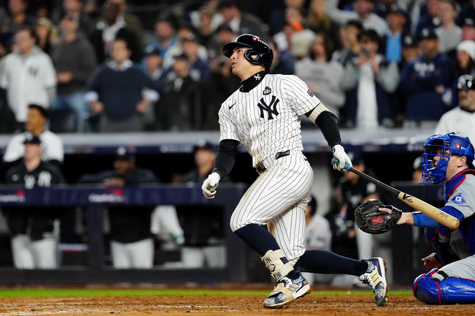NEW YORK, NY - OCTOBER 29:  Anthony Volpe #11 of the New York Yankees hits a grand slam in the third inning during Game 4 of the 2024 World Series presented by Capital One between the Los Angeles Dodgers and the New York Yankees at Yankee Stadium on Tuesday, October 29, 2024 in New York, New York. (Photo by Daniel Shirey/MLB Photos via Getty Images)