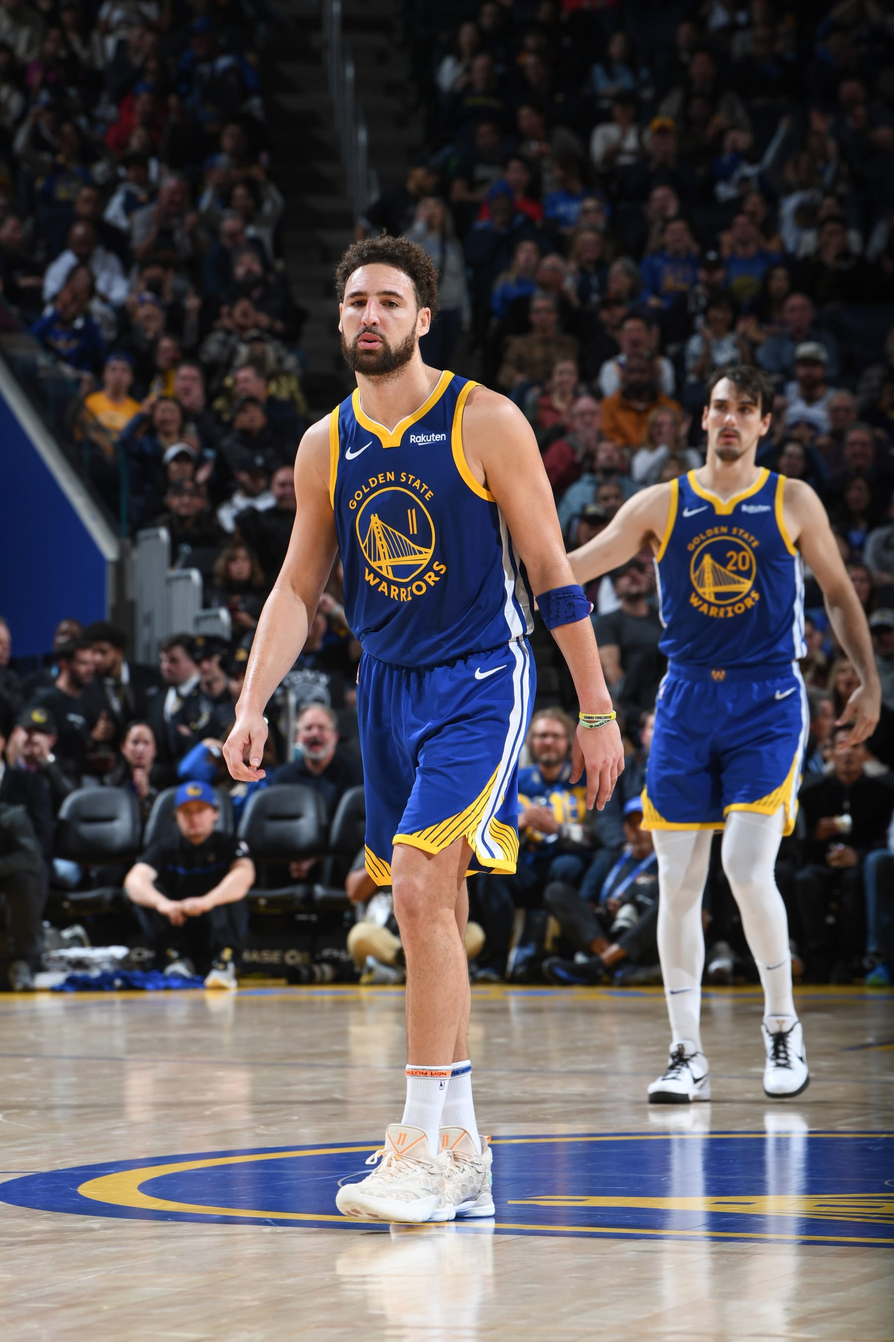 SAN FRANCISCO, CA - NOVEMBER 30: Klay Thompson #11 of the Golden State Warriors looks on during the game  on November 30, 2023 at Chase Center in San Francisco, California. NOTE TO USER: User expressly acknowledges and agrees that, by downloading and or using this photograph, user is consenting to the terms and conditions of Getty Images License Agreement. Mandatory Copyright Notice: Copyright 2023 NBAE (Photo by Noah Graham/NBAE via Getty Images)