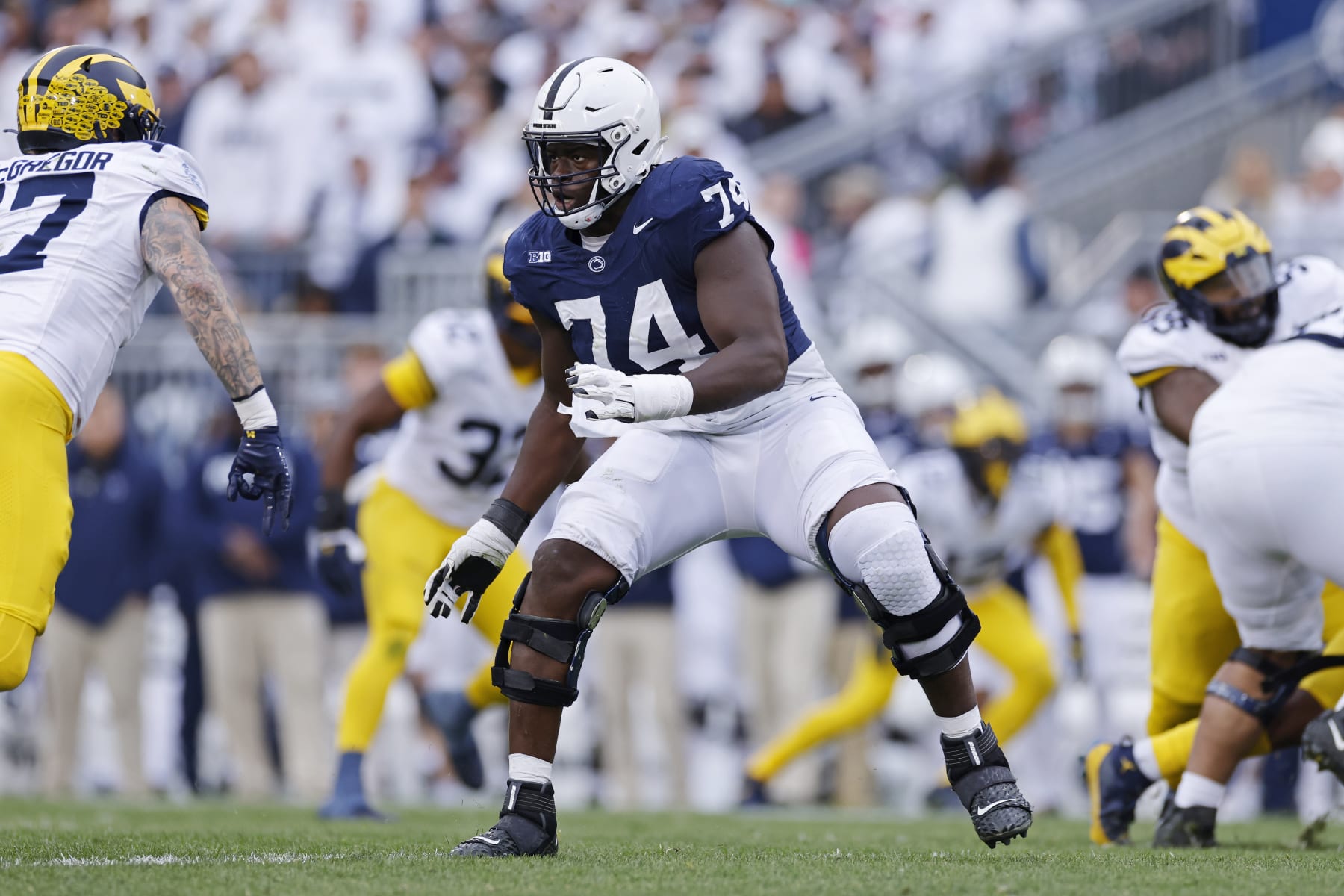 UNIVERSITY PARK, PA - NOVEMBER 11: Penn State Nittany Lions offensive lineman Olumuyiwa Fashanu (74) blocks during a college football game against the Michigan Wolverines on November 11, 2023 at Beaver Stadium in University Park, Pennsylvania. (Photo by Joe Robbins/Icon Sportswire via Getty Images)