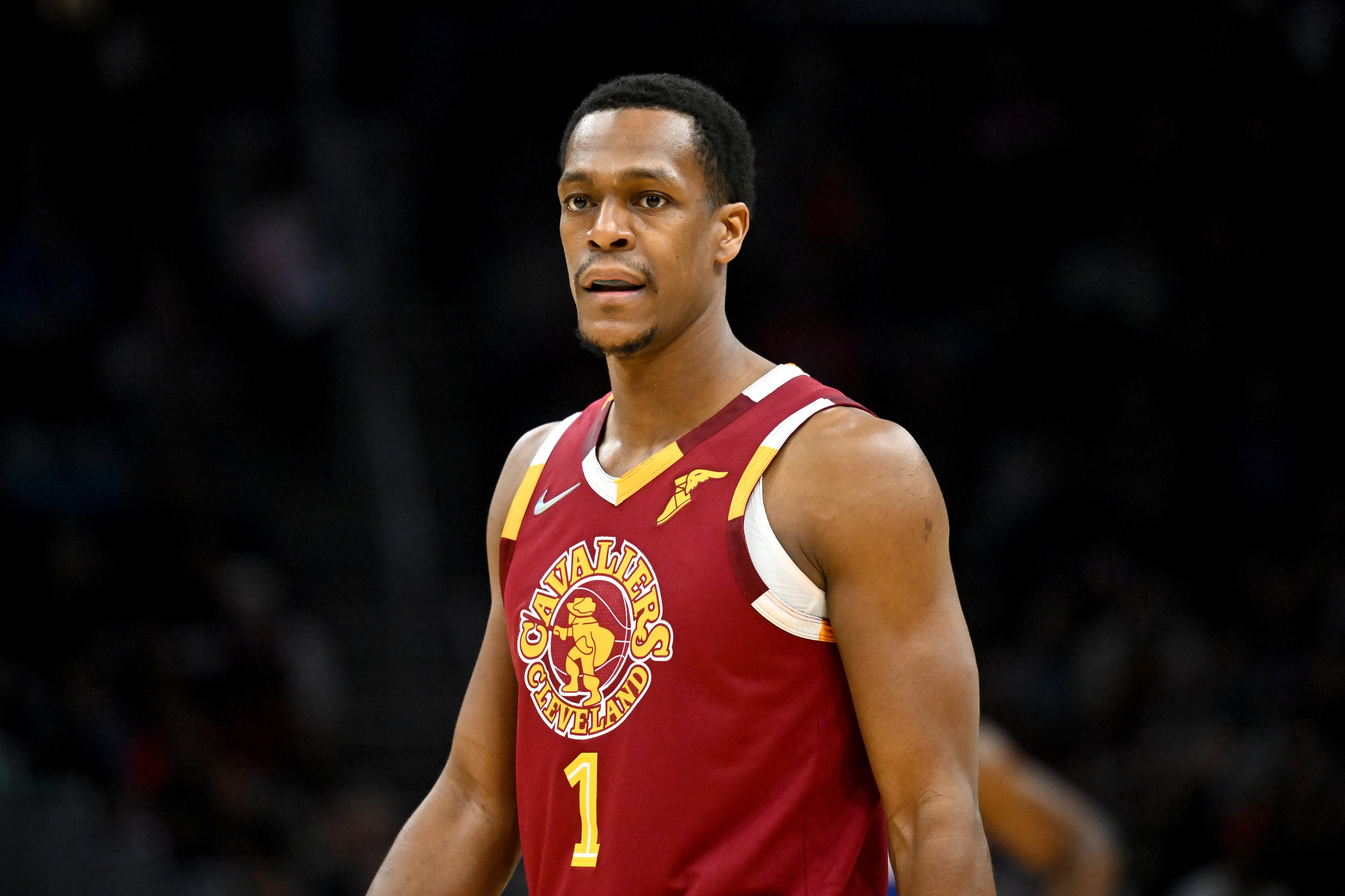 CLEVELAND, OHIO - APRIL 03: Rajon Rondo #1 of the Cleveland Cavaliers pauses on the court during the second quarter against the Philadelphia 76ers at Rocket Mortgage Fieldhouse on April 03, 2022 in Cleveland, Ohio. NOTE TO USER: User expressly acknowledges and agrees that, by downloading and/or using this photograph, user is consenting to the terms and conditions of the Getty Images License Agreement. (Photo by Jason Miller/Getty Images)