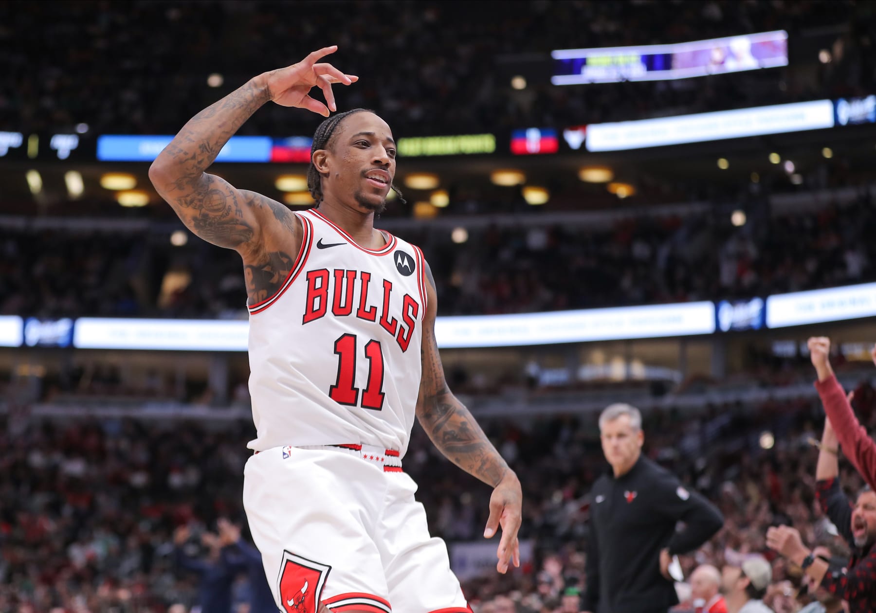 CHICAGO, IL - DECEMBER 02: DeMar DeRozan #11 of the Chicago Bulls reacts after making a 3-point basket during the second half against the New Orleans Pelicans at the United Center on December 2, 2023 in Chicago, Illinois. (Photo by Melissa Tamez/Icon Sportswire via Getty Images)