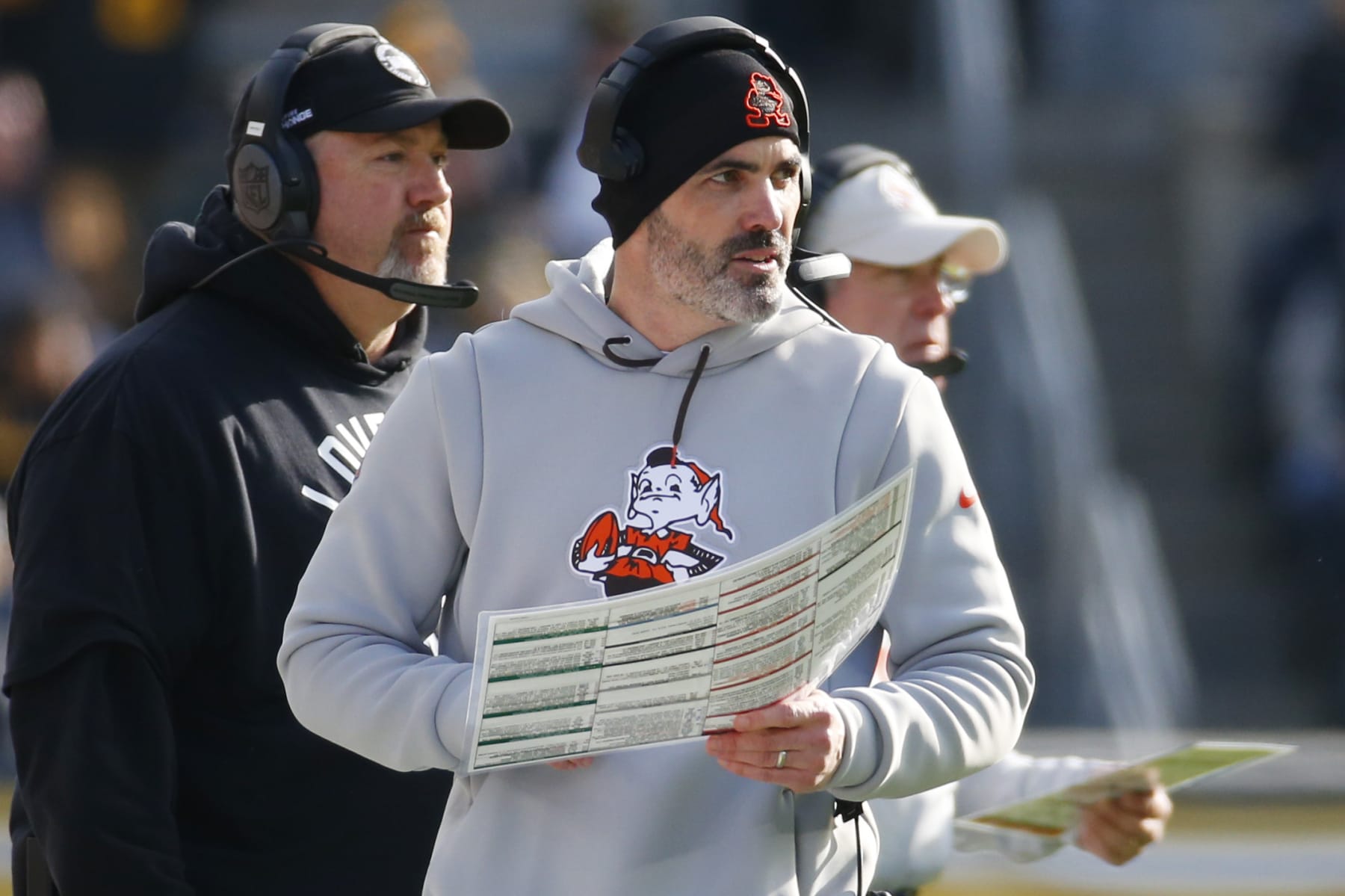 PITTSBURGH, PENNSYLVANIA - JANUARY 08: Head Coach Kevin Stefanski of the Cleveland Browns looks on during the first half of the game against the Pittsburgh Steelers at Acrisure Stadium on January 08, 2023 in Pittsburgh, Pennsylvania. (Photo by Justin K. Aller/Getty Images)