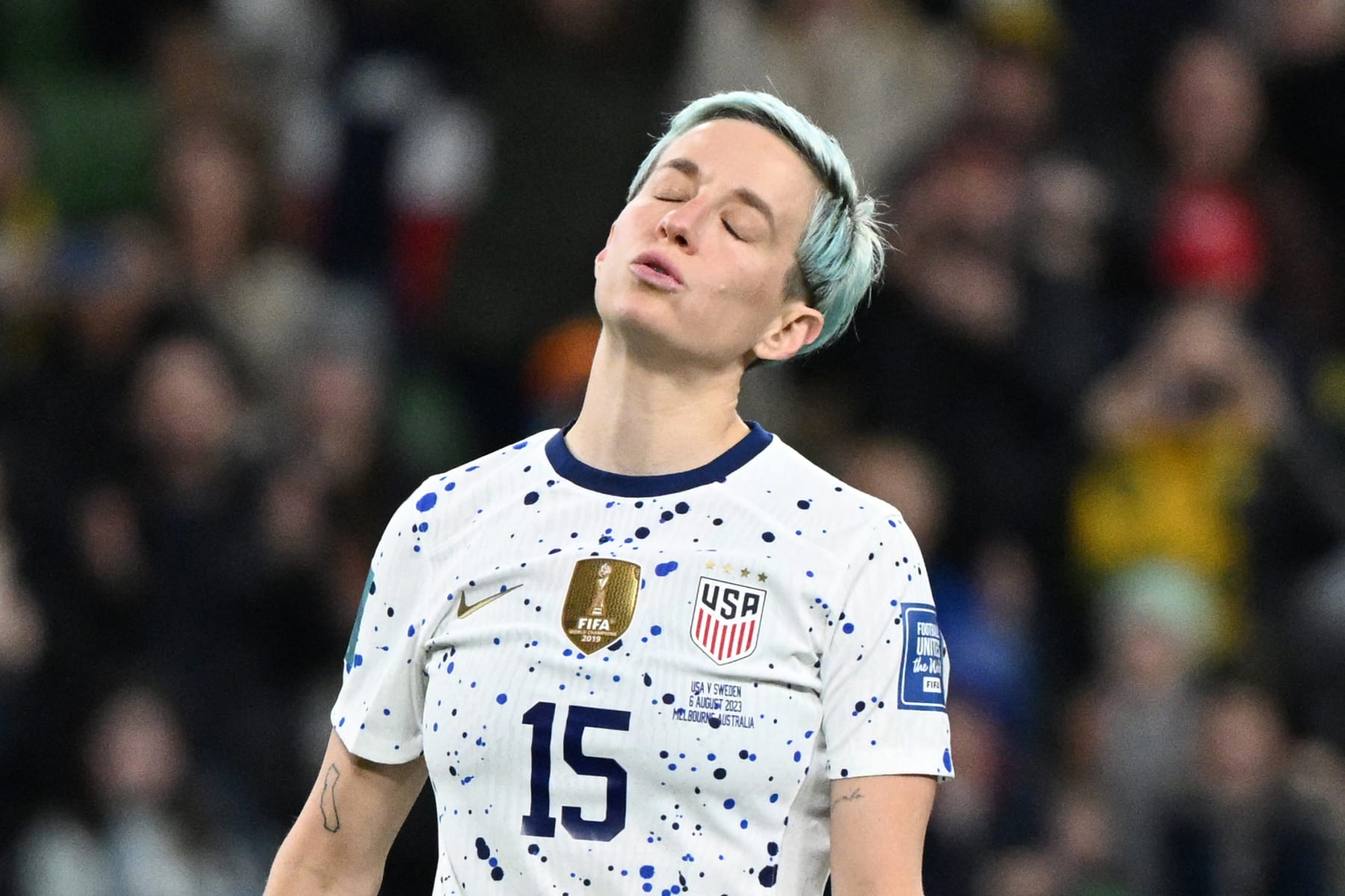 USA's forward #15 Megan Rapinoe reacts after failing to score in the penalty shoot-out during the Australia and New Zealand 2023 Women's World Cup round of 16 football match between Sweden and USA at Melbourne Rectangular Stadium in Melbourne on August 6, 2023. (Photo by WILLIAM WEST / AFP) (Photo by WILLIAM WEST/AFP via Getty Images)