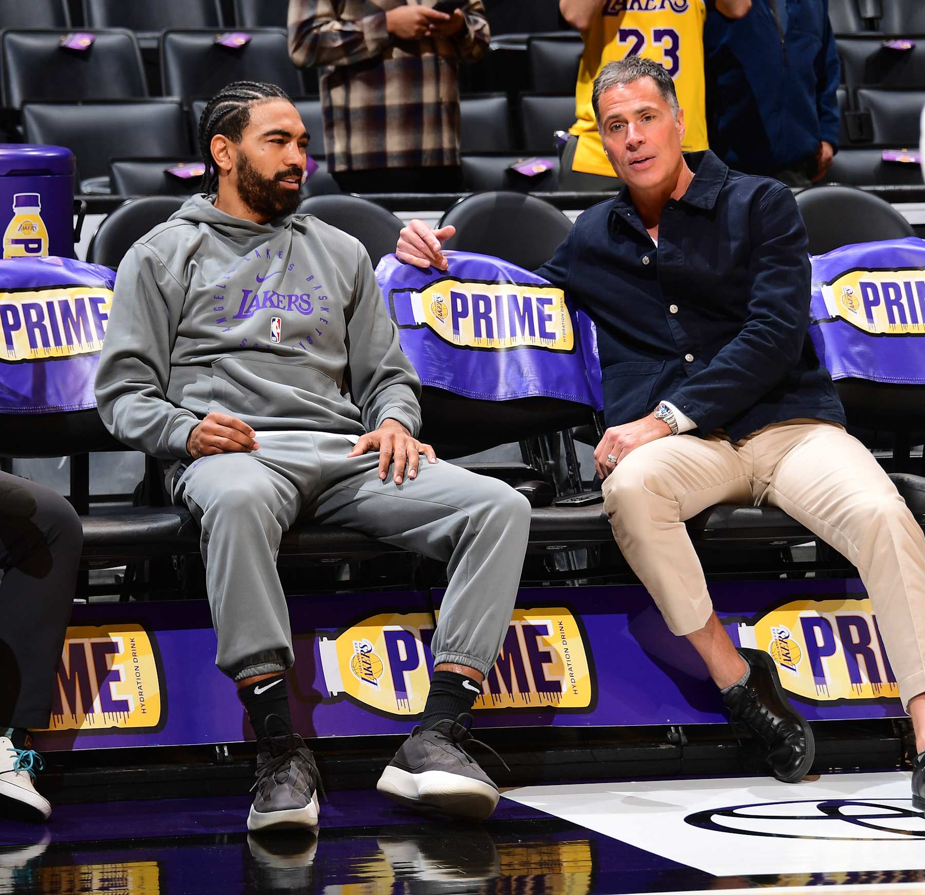 LOS ANGELES, CA - NOVEMBER 21: Gabe Vincent #7 and Rob Pelinka of the Los Angeles Lakers talk before the game against the Orlando Magic on November 21, 2024 at Crypto.Com Arena in Los Angeles, California. NOTE TO USER: User expressly acknowledges and agrees that, by downloading and/or using this Photograph, user is consenting to the terms and conditions of the Getty Images License Agreement. Mandatory Copyright Notice: Copyright 2024 NBAE (Photo by Adam Pantozzi/NBAE via Getty Images)
