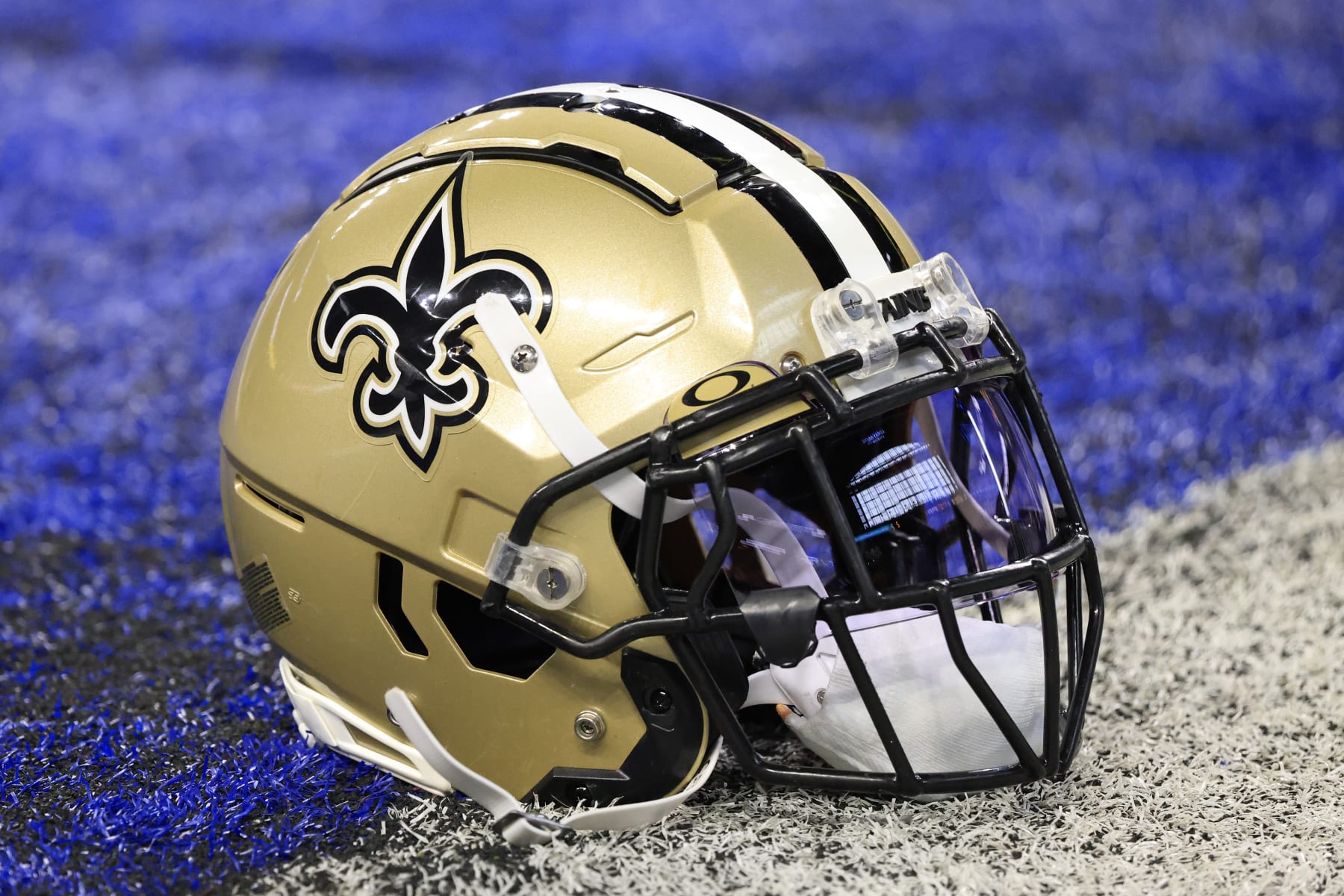 INDIANAPOLIS, INDIANA - OCTOBER 29: A New Orleans Saints helmet is seen on the field prior to the game against the Indianapolis Colts at Lucas Oil Stadium on October 29, 2023 in Indianapolis, Indiana. (Photo by Justin Casterline/Getty Images)