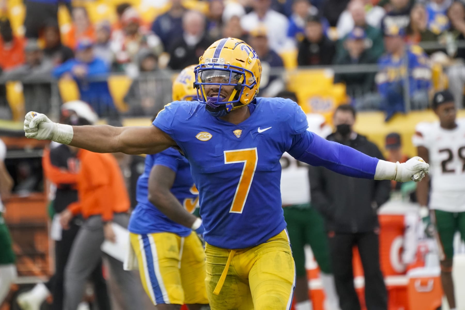 Pittsburgh linebacker SirVocea Dennis (7) plays against Miami during an NCAA college football game, Saturday, Oct. 30, 2021, in Pittsburgh. (AP Photo/Keith Srakocic)