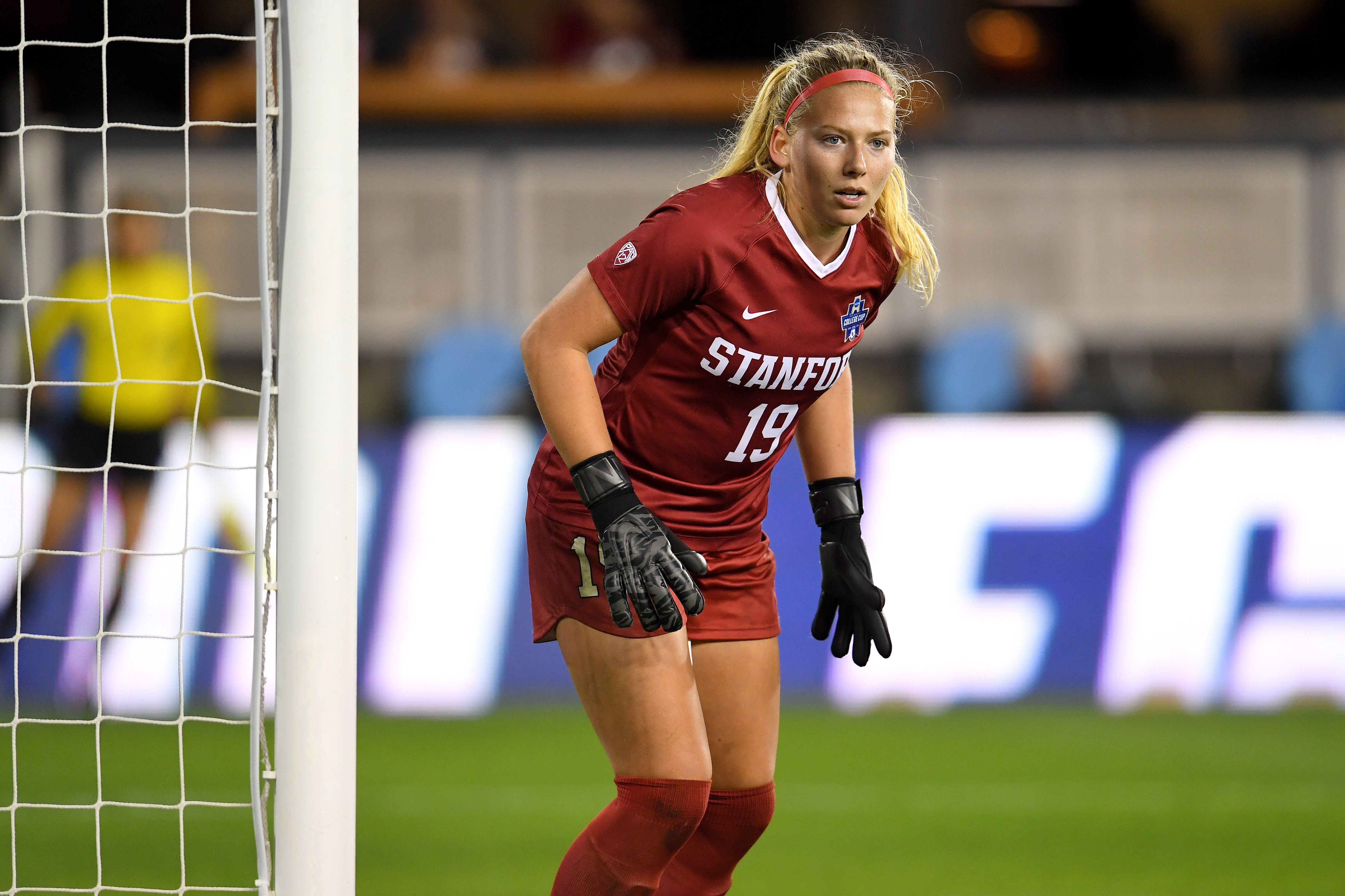 SAN JOSE, CA - DECEMBER 08: Katie Meyer #19 of the Stanford Cardinal defends the goal against the North Carolina Tar Heels during the Division I Women's Soccer Championship held at Avaya Stadium on December 8, 2019 in San Jose, California. Stanford defeated North Carolina in a shootout. (Photo by Jamie Schwaberow/NCAA Photos via Getty Images)