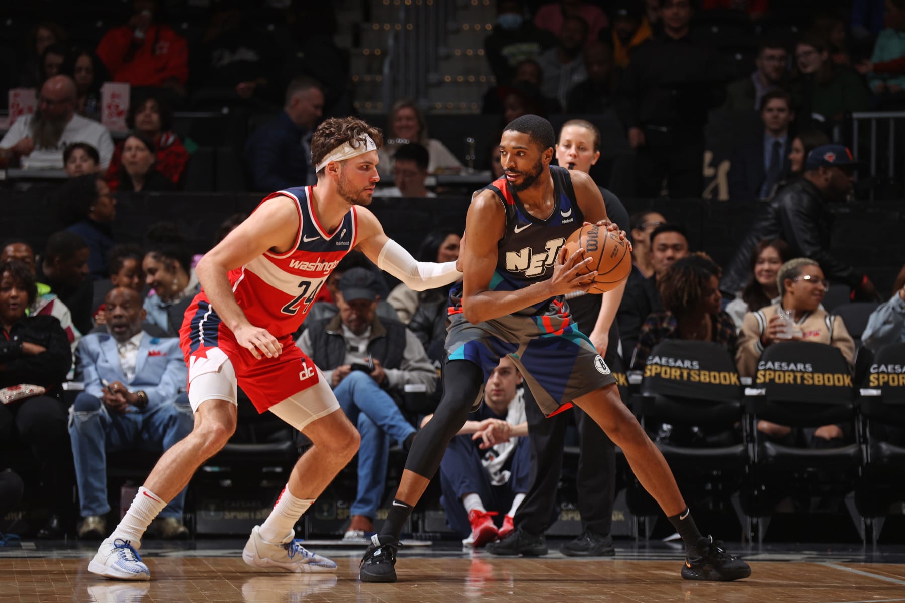 WASHINGTON, DC -  MARCH 27: Mikal Bridges #1 of the Brooklyn Nets handles the ball during the game against the Washington Wizards on March 27, 2024 at Capital One Arena in Washington, DC. NOTE TO USER: User expressly acknowledges and agrees that, by downloading and or using this Photograph, user is consenting to the terms and conditions of the Getty Images License Agreement. Mandatory Copyright Notice: Copyright 2024 NBAE (Photo by Stephen Gosling/NBAE via Getty Images)