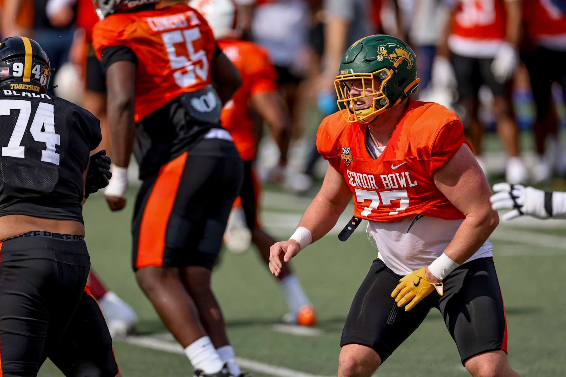 MOBILE, ALABAMA - JANUARY 29: Grey Zabel #77 of North Dakota State during Senior Bowl practice at Hancock Whitney Stadium on January 29, 2025 in Mobile, Alabama. (Photo by Derick E. Hingle/Getty Images)