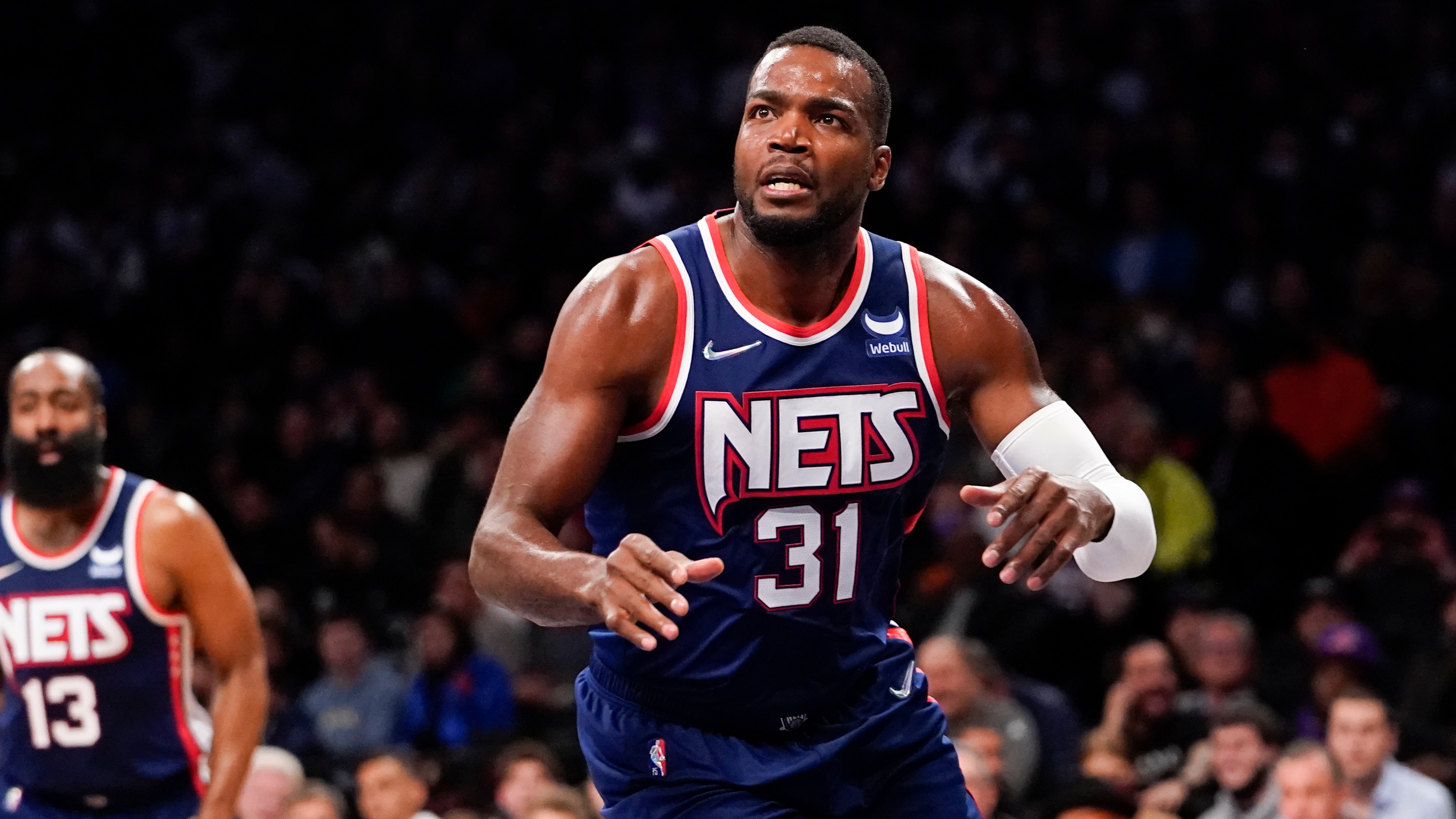 Brooklyn Nets forward Paul Millsap during the first half of an NBA basketball game against the New York Knicks, Tuesday, Nov. 30, 2021, in New York. (AP Photo/Mary Altaffer)
