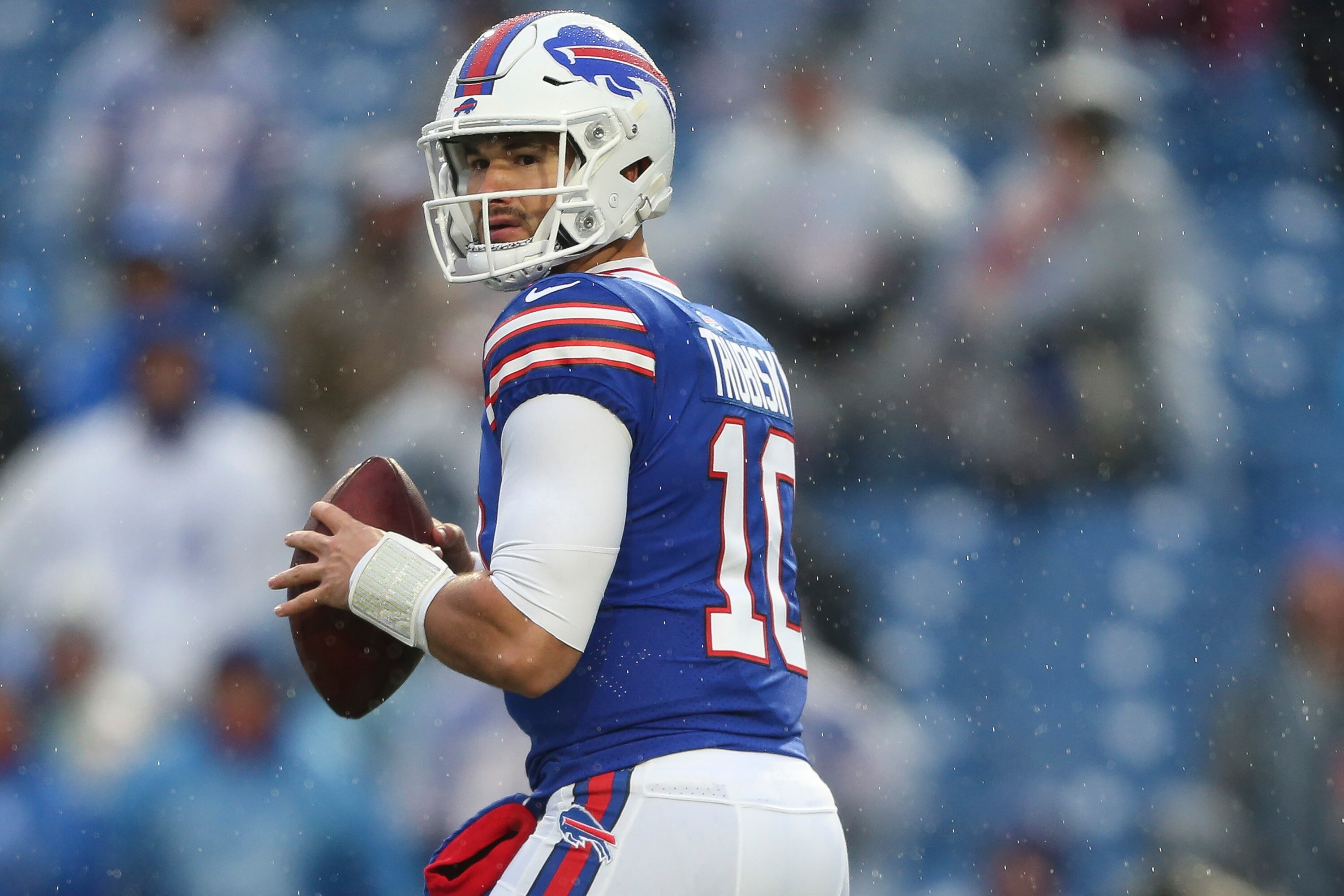 ORCHARD PARK, NEW YORK - NOVEMBER 21: Mitchell Trubisky #10 of the Buffalo Bills looks to pass during the second half against the Indianapolis Colts at Highmark Stadium on November 21, 2021 in Orchard Park, New York. (Photo by Joshua Bessex/Getty Images)