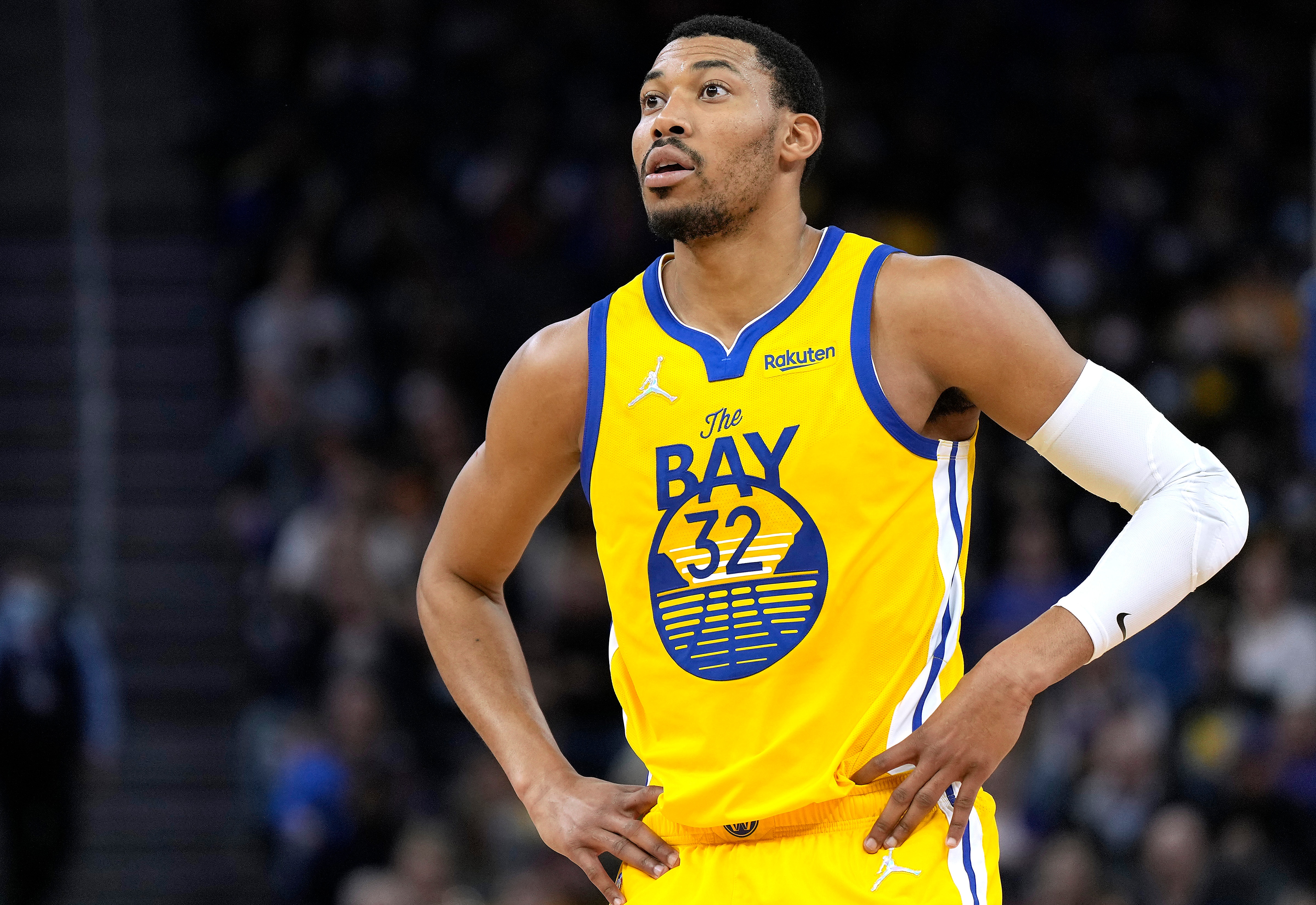 SAN FRANCISCO, CALIFORNIA - MARCH 20: Otto Porter Jr. #32 of the Golden State Warriors looks on against the San Antonio Spurs in the second half of an NBA basketball game at Chase Center on March 20, 2022 in San Francisco, California. NOTE TO USER: User expressly acknowledges and agrees that, by downloading and or using this photograph, User is consenting to the terms and conditions of the Getty Images License Agreement. (Photo by Thearon W. Henderson/Getty Images)