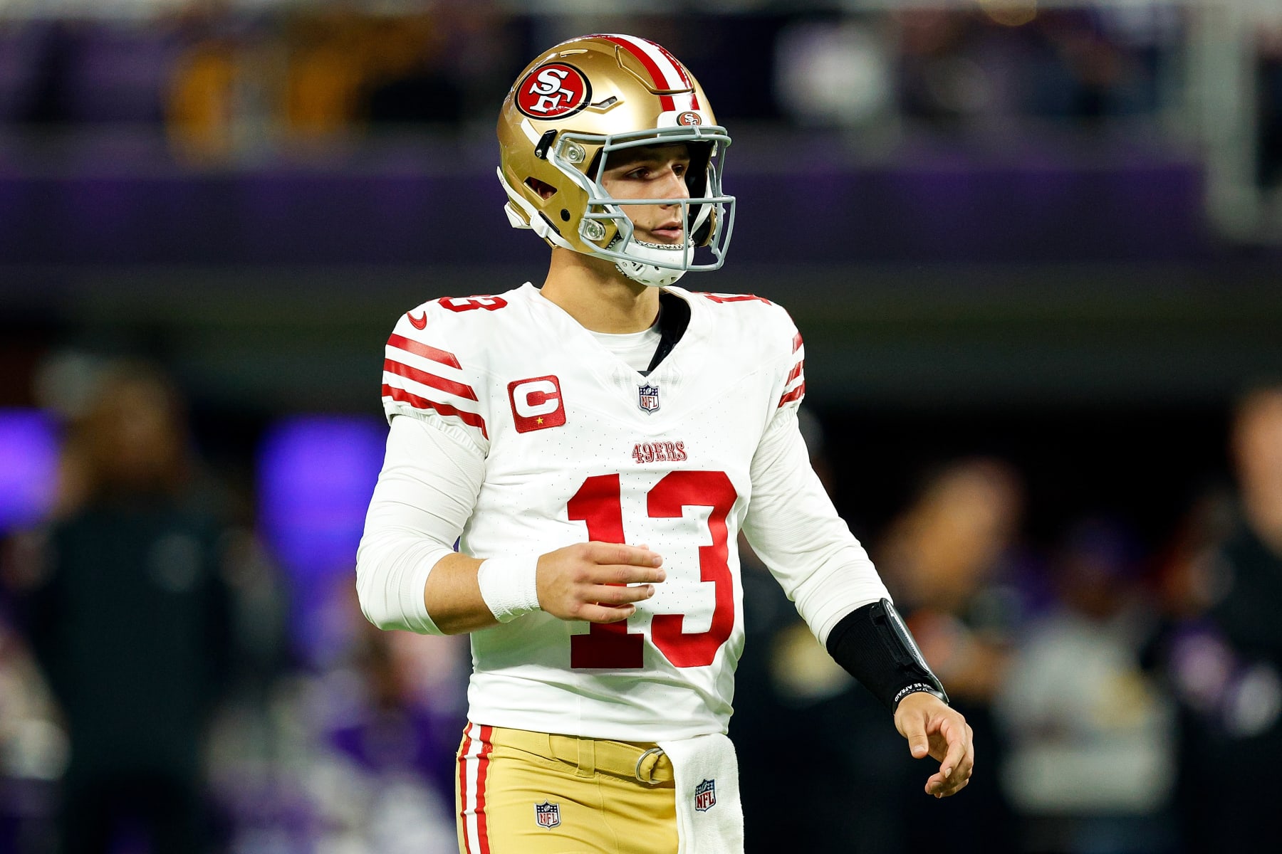 MINNEAPOLIS, MINNESOTA - OCTOBER 23: Brock Purdy #13 of the San Francisco 49ers looks on against the Minnesota Vikings in the first half at U.S. Bank Stadium on October 23, 2023 in Minneapolis, Minnesota. The Vikings defeated the 49ers 22-17. (Photo by David Berding/Getty Images) MINNEAPOLIS, MINNESOTA - OCTOBER 23: Brock Purdy #13 of the San Francisco 49ers looks on against the Minnesota Vikings in the first half at U.S. Bank Stadium on October 23, 2023 in Minneapolis, Minnesota. The Vikings defeated the 49ers 22-17. (Photo by David Berding/Getty Images)