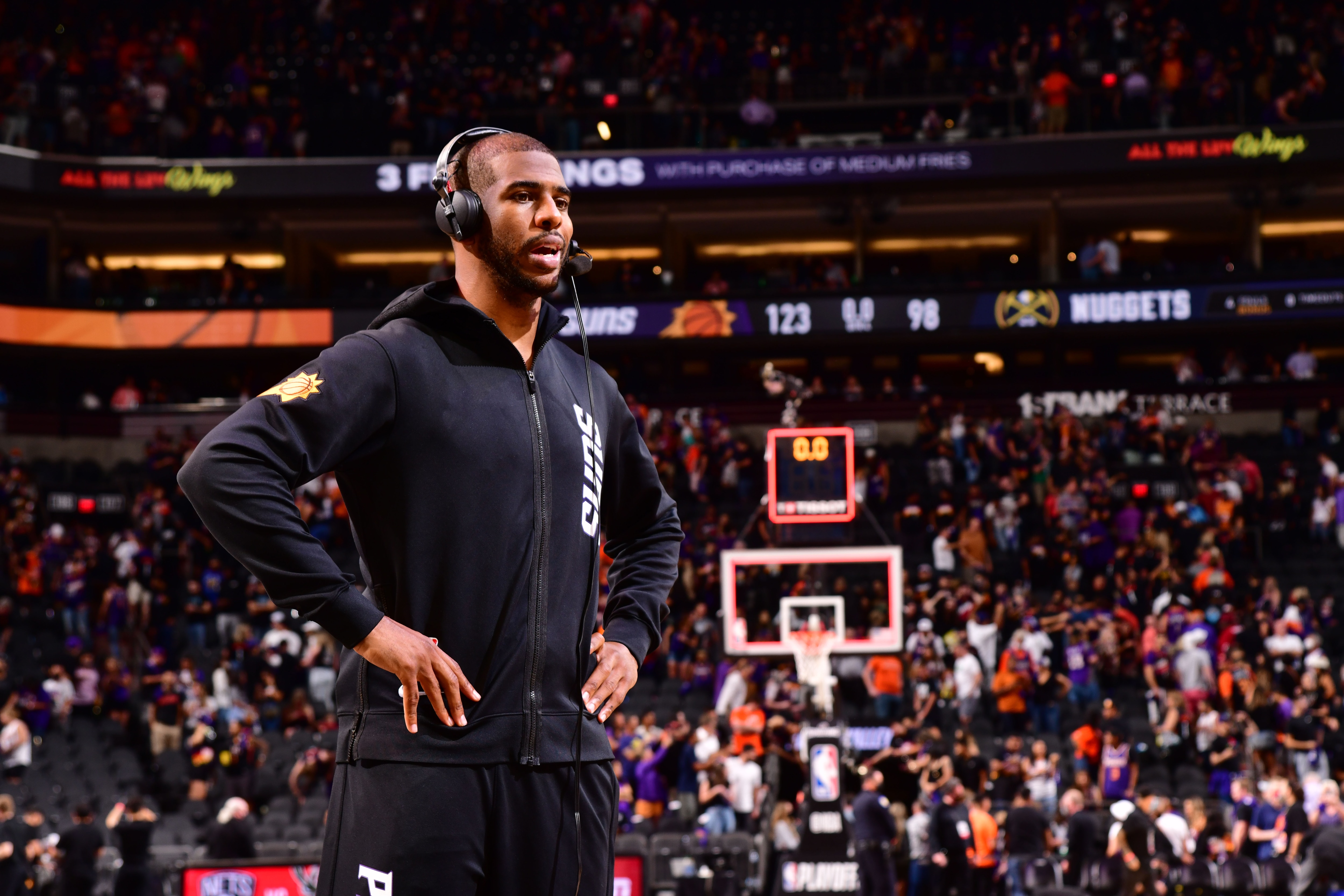 PHOENIX, AZ - JUNE 9: Chris Paul #3 of the Phoenix Suns is interviewed after the game against the Denver Nuggets during Round 2, Game 2 of the 2021 NBA Playoffs on June 9, 2021 at Phoenix Suns Arena in Phoenix, Arizona. NOTE TO USER: User expressly acknowledges and agrees that, by downloading and or using this photograph, user is consenting to the terms and conditions of the Getty Images License Agreement. Mandatory Copyright Notice: Copyright 2021 NBAE (Photo by Barry Gossage/NBAE via Getty Images)