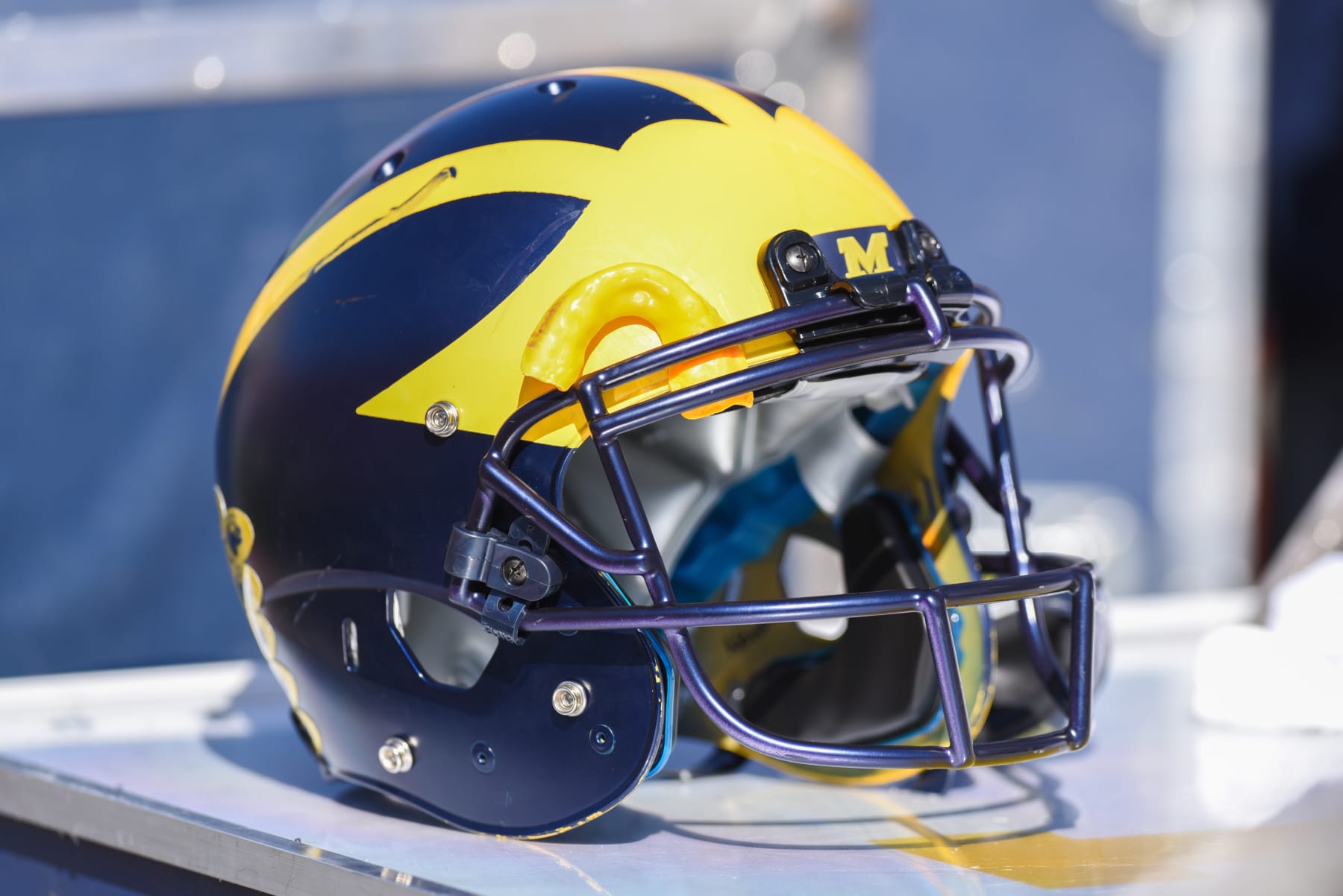 BLOOMINGTON, IN - OCTOBER 14: A Michigan helmet sits on the sideline during a college football game between the Michigan Wolverines and the Indiana Hoosiers on October 14, 2017 at Memorial Stadium in Bloomington, IN. (Photo by James Black/Icon Sportswire via Getty Images)