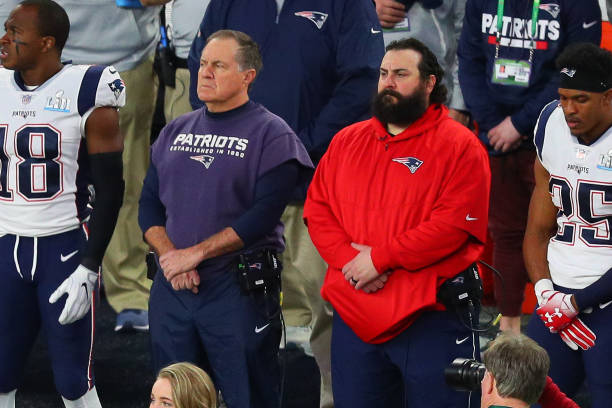 MINNEAPOLIS, MN - FEBRUARY 04:  New England Patriots head coach Bill Belichick and New England Patriots defensive coordinator Matt Patricia during the singing of America the Beautiful on the field prior to  Super Bowl LII on February 4, 2018, at U.S. Bank Stadium in Minneapolis, MN.   (Photo by Rich Graessle/Icon Sportswire via Getty Images)