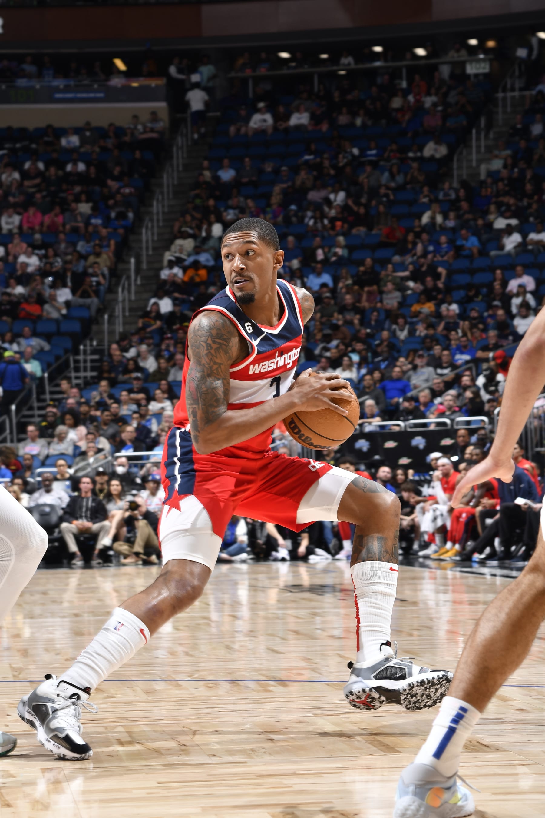ORLANDO, FL - MARCH 21: Bradley Beal #3 of the Washington Wizards goes to the basket during the game on March 21, 2023 at Amway Center in Orlando, Florida. NOTE TO USER: User expressly acknowledges and agrees that, by downloading and or using this photograph, User is consenting to the terms and conditions of the Getty Images License Agreement. Mandatory Copyright Notice: Copyright 2023 NBAE (Photo by Fernando Medina/NBAE via Getty Images)
