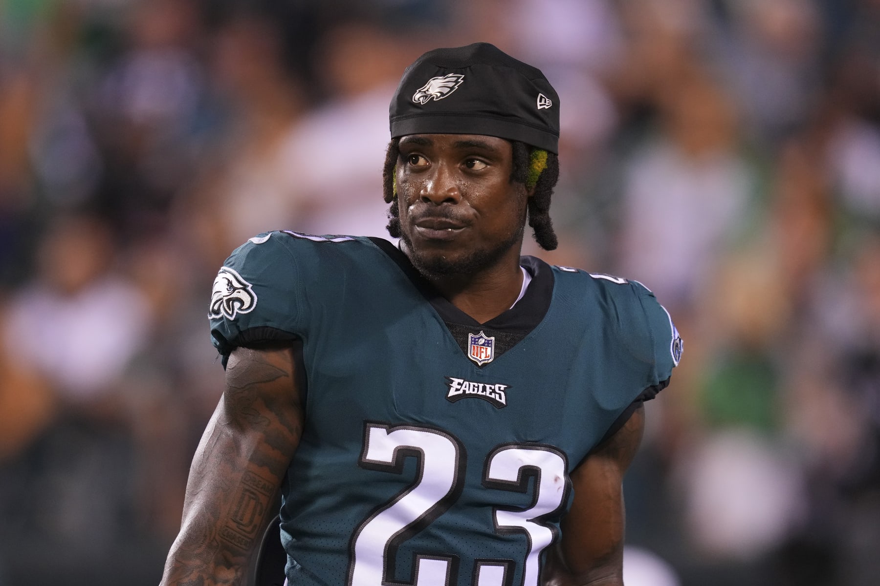 PHILADELPHIA, PA - SEPTEMBER 19: C.J. Gardner-Johnson #23 of the Philadelphia Eagles looks on prior to the game against the Minnesota Vikings at Lincoln Financial Field on September 19, 2022 in Philadelphia, Pennsylvania. (Photo by Mitchell Leff/Getty Images)