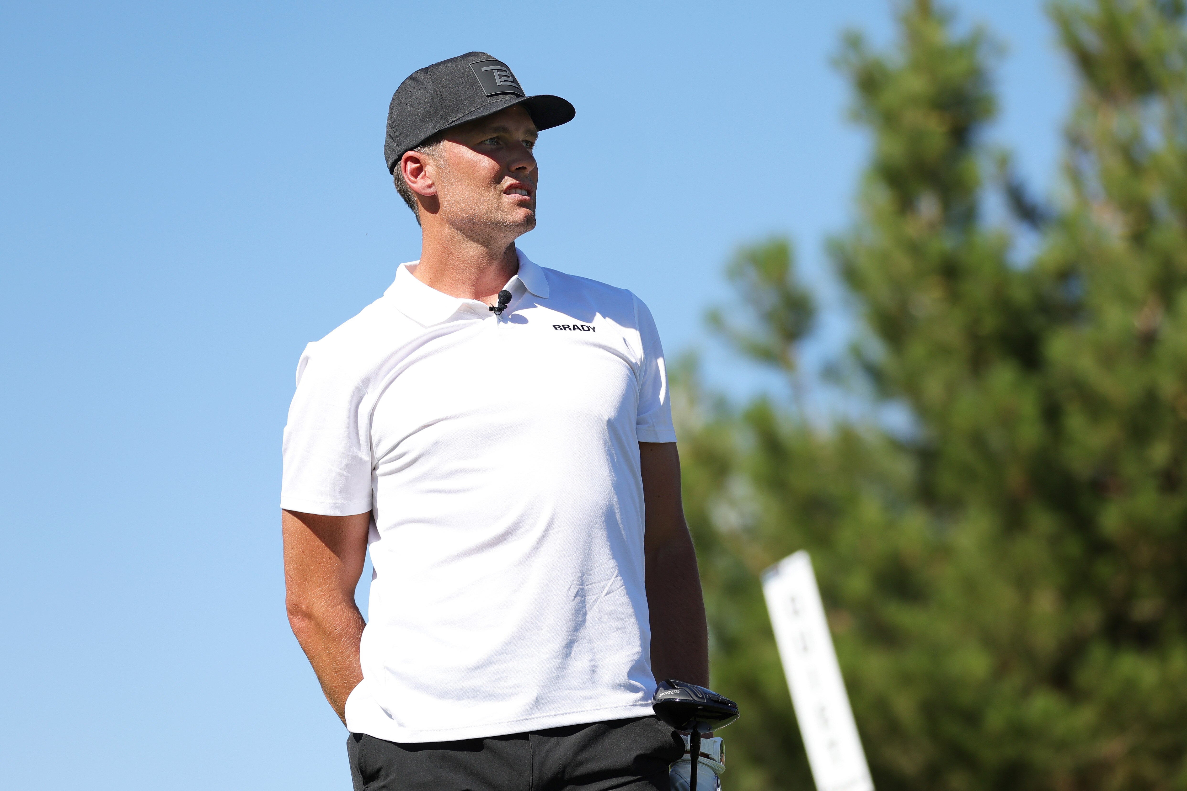 LAS VEGAS, NEVADA - JUNE 01: Tom Brady looks on during Capital One's The Match VI - Brady & Rodgers v Allen & Mahomes at Wynn Golf Club on June 01, 2022 in Las Vegas, Nevada. (Photo by Carmen Mandato/Getty Images for The Match)