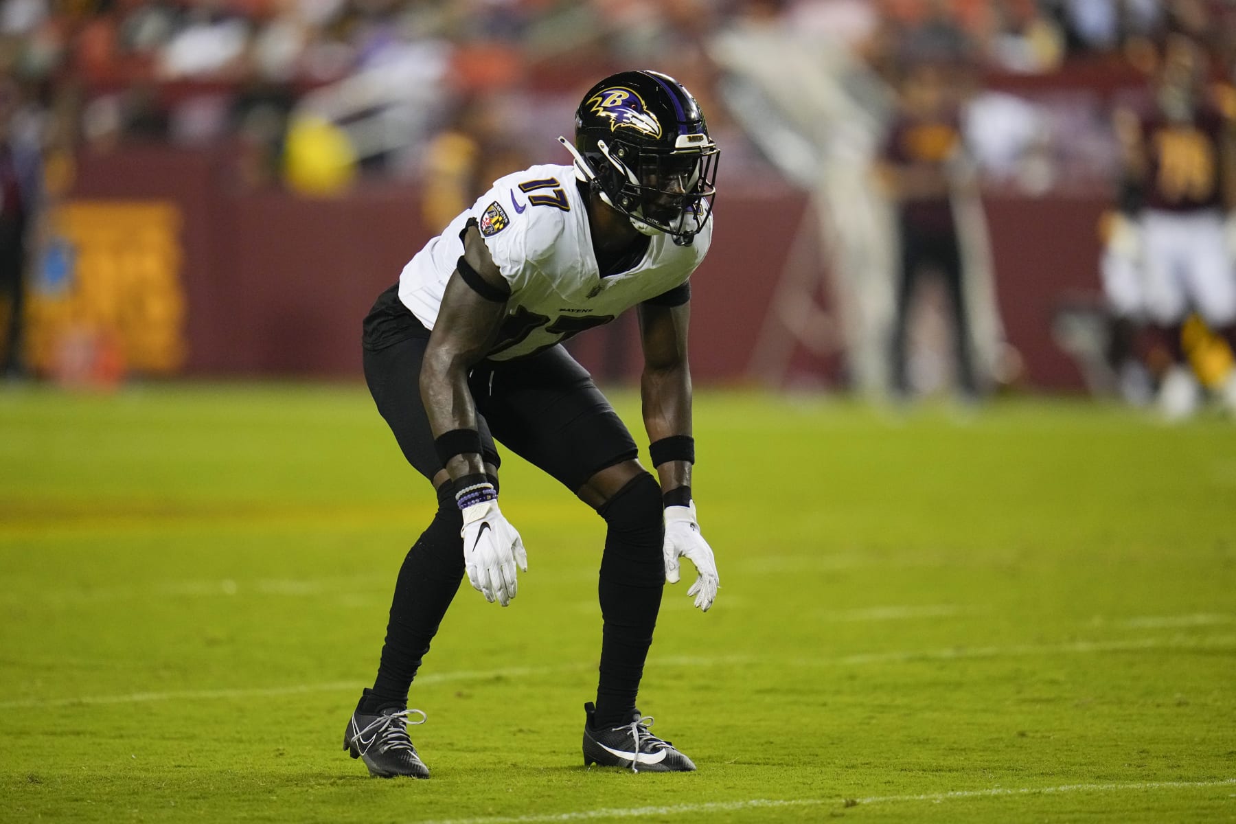 Baltimore Ravens cornerback Kyu Kelly waits for a play during the second half of an NFL preseason football game between the Washington Commanders and the Baltimore Ravens, Monday, Aug. 21, 2023, in Landover, Md. The Commanders won 29-28. (AP Photo/Julio Cortez)
