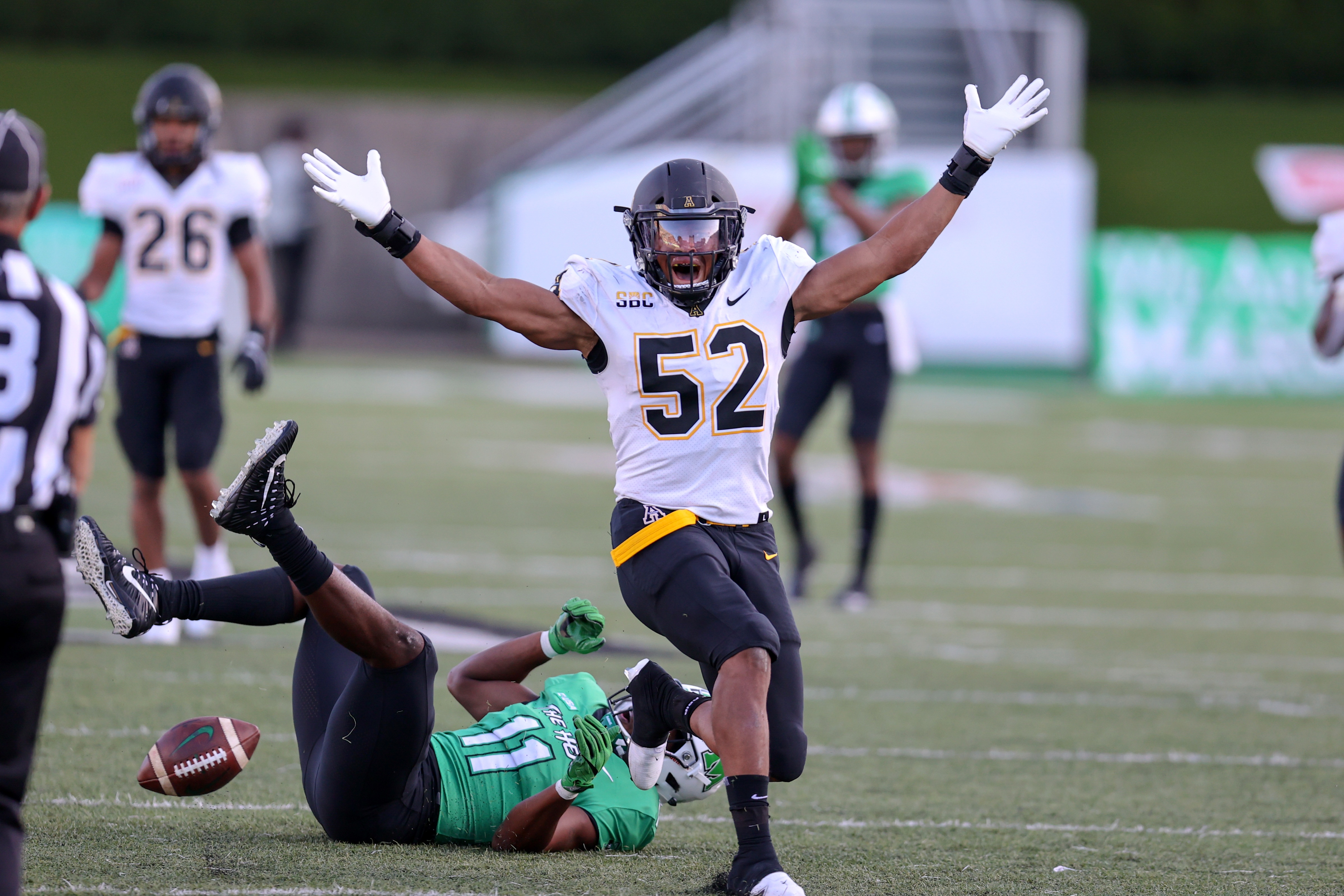 HUNTINGTON, WV - SEPTEMBER 19: Appalachian State Mountaineers linebacker D'Marco Jackson (52) reacts after being called for pass interference during the third quarter of the college football game between the Appalachian State Mountaineers and the Marshall Thundering Herd on September 19, 2020, at Joan C. Edwards Stadium in Huntington, WV. (Photo by Frank Jansky/Icon Sportswire via Getty Images)
