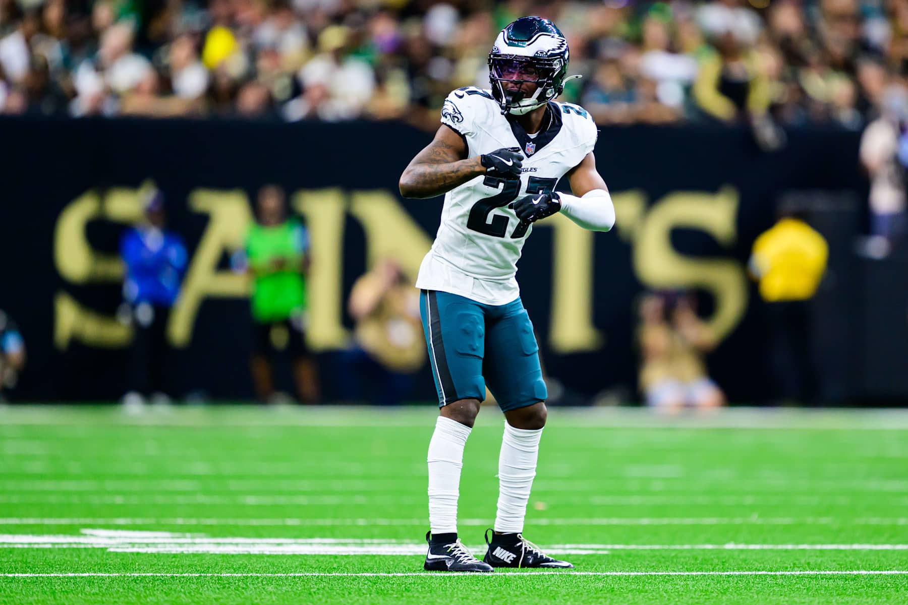 NEW ORLEANS, LOUISIANA - SEPTEMBER 22: Quinyon Mitchell #27 of the Philadelphia Eagles looks on against the New Orleans Saints at Caesars Superdome on September 22, 2024 in New Orleans, Louisiana. (Photo by Gus Stark/Getty Images)