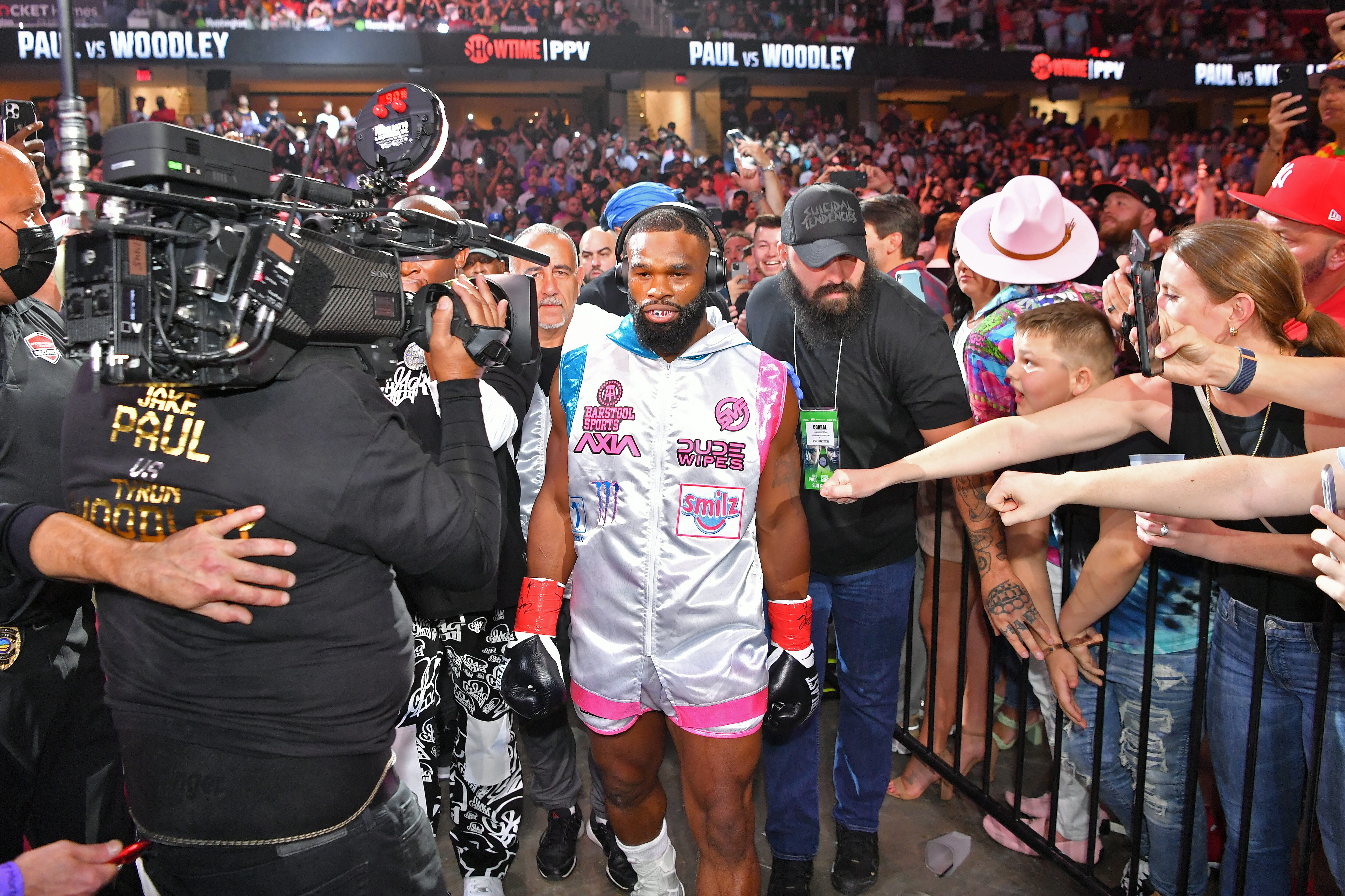 CLEVELAND, OHIO - AUGUST 29: Tyron Woodley enters the arena prior to his cruiserweight bout against Jake Paul during a Showtime pay-per-view event at Rocket Morgage Fieldhouse on August 29, 2021 in Cleveland, Ohio. (Photo by Jason Miller/Getty Images)