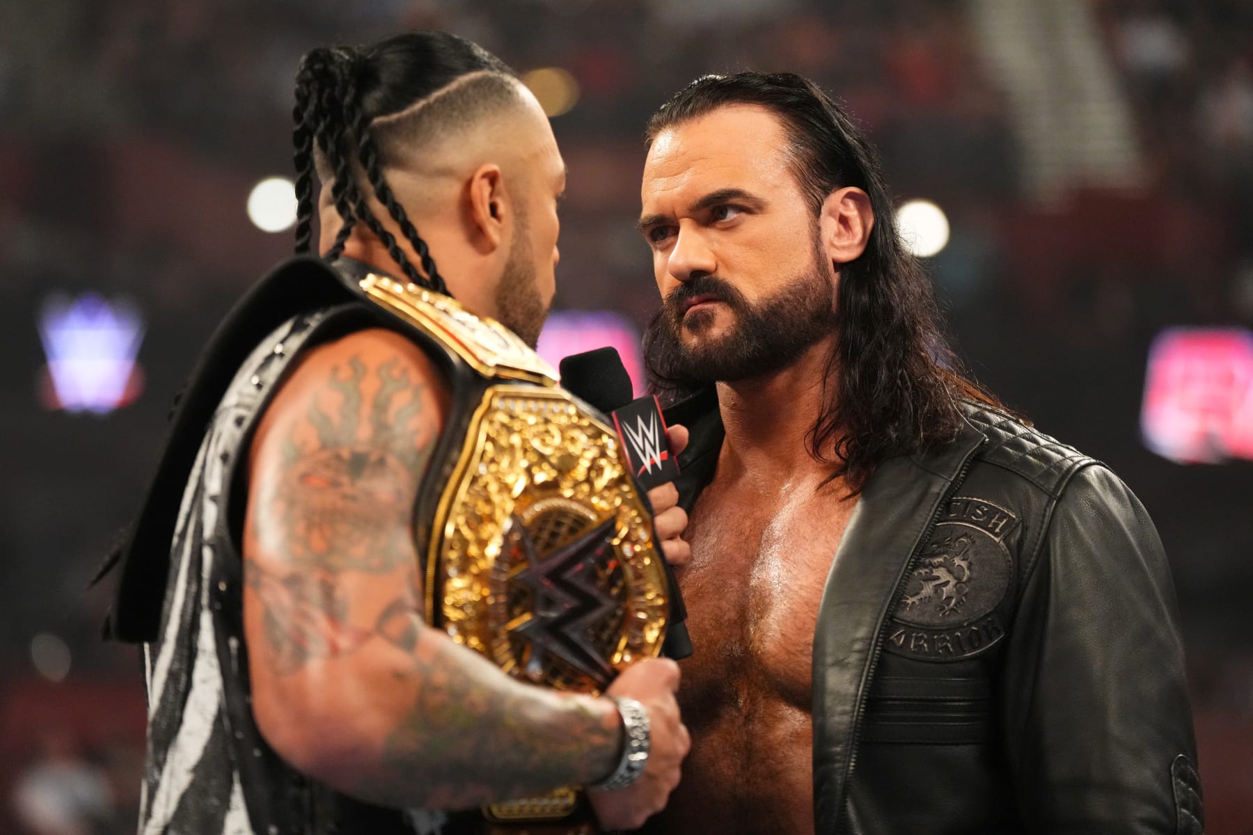 GREENVILLE, SOUTH CAROLINA - MAY 13: Drew McIntyre stares down WWE World Heavyweight Champion Damian Priest during an episode of Monday Night RAW at Bon Secours Wellness Arena on May 13, 2024 in Greenville, South Carolina.  (Photo by WWE/Getty Images)