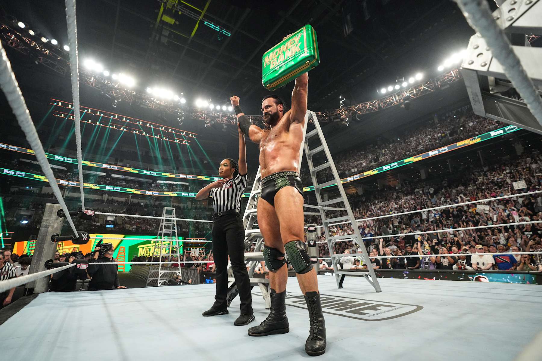 TORONTO, CANADA - JULY 6: Drew McIntyre celebrates his win during Money in the Bank at Scotiabank Arena on July 6, 2024 in Toronto, Ontario.  (Photo by WWE/Getty Images)
