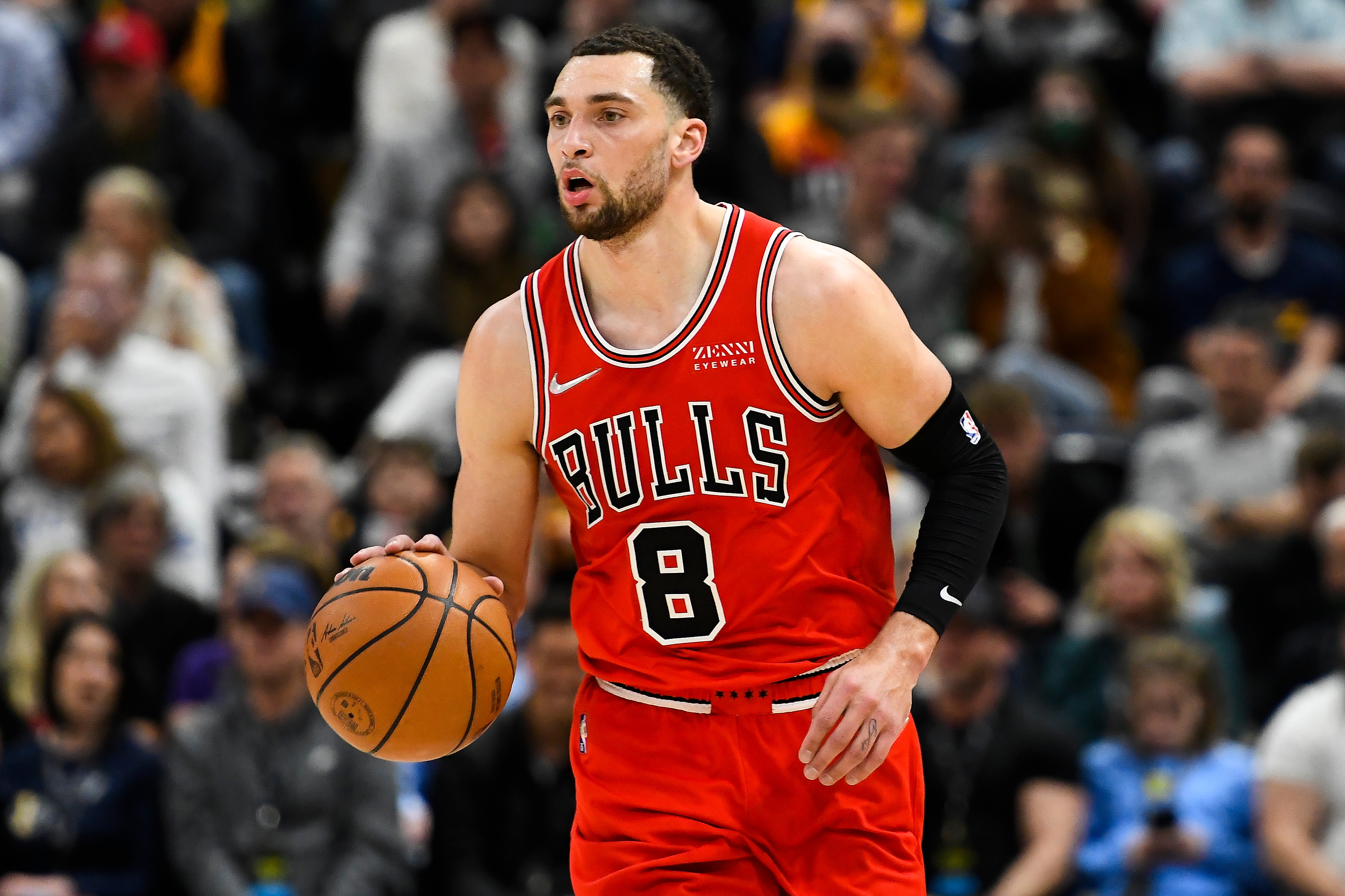 SALT LAKE CITY, UTAH - MARCH 16: Zach LaVine #8 of the Chicago Bulls dribbles the ball upcourt during the first half of a game against the Utah Jazz at Vivint Smart Home Arena on March 16, 2022 in Salt Lake City, Utah. NOTE TO USER: User expressly acknowledges and agrees that, by downloading and or using this photograph, User is consenting to the terms and conditions of the Getty Images License Agreement. (Photo by Alex Goodlett/Getty Images)