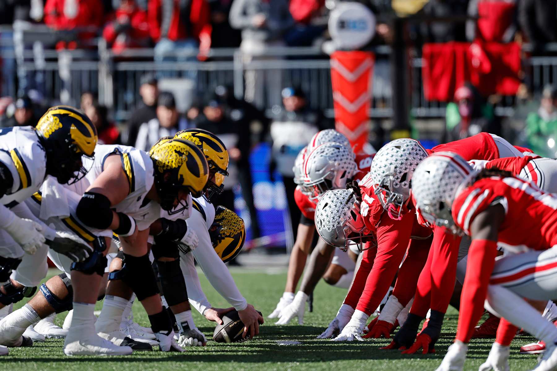 COLUMBUS, OH - NOVEMBER 30: Michigan Wolverines and Ohio State Buckeyes face off at the line of scrimmage during a college football game on November 30, 2024 at Ohio Stadium in Columbus, Ohio. (Photo by Joe Robbins/Icon Sportswire via Getty Images)
