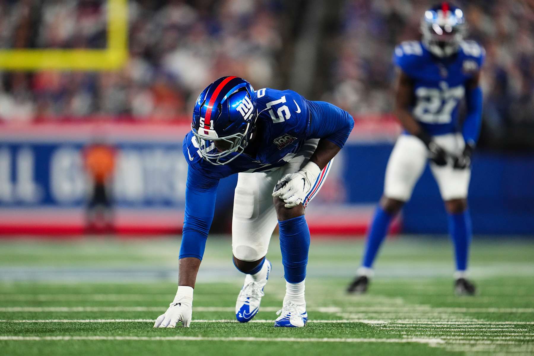 EAST RUTHERFORD, NJ - SEPTEMBER 26: Azeez Ojulari #51 of the New York Giants lines up before the snap during an NFL football game against the Dallas Cowboys at MetLife Stadium on September 26, 2024 in East Rutherford, New Jersey. (Photo by Cooper Neill/Getty Images)