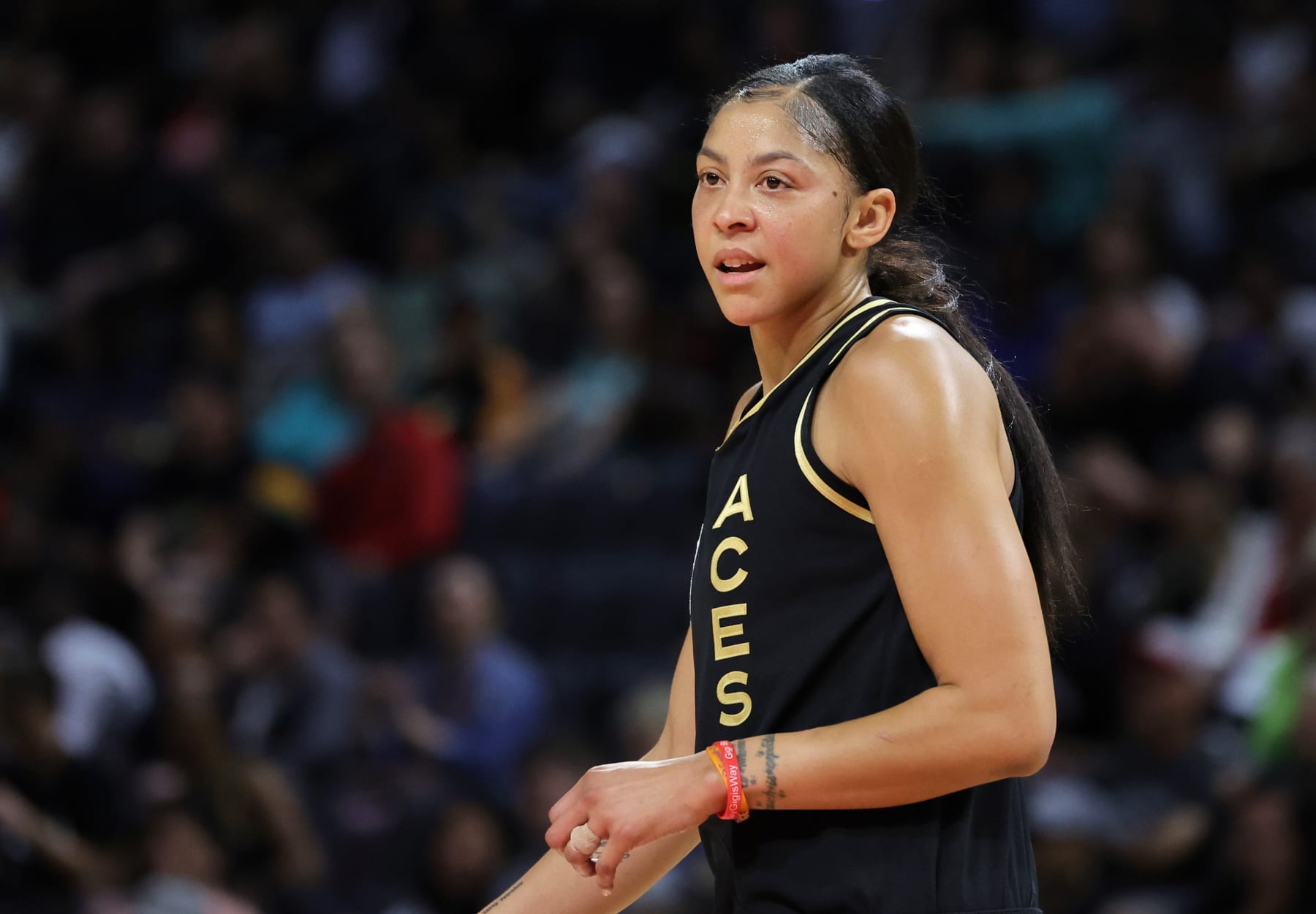 LAS VEGAS, NEVADA - JUNE 29: Candace Parker #3 of the Las Vegas Aces walks on the court during a break in the second quarter of a game against the New York Liberty at Michelob ULTRA Arena on June 29, 2023 in Las Vegas, Nevada. The Aces defeated the Liberty 98-81. NOTE TO USER: User expressly acknowledges and agrees that, by downloading and or using this photograph, User is consenting to the terms and conditions of the Getty Images License Agreement. (Photo by Ethan Miller/Getty Images)