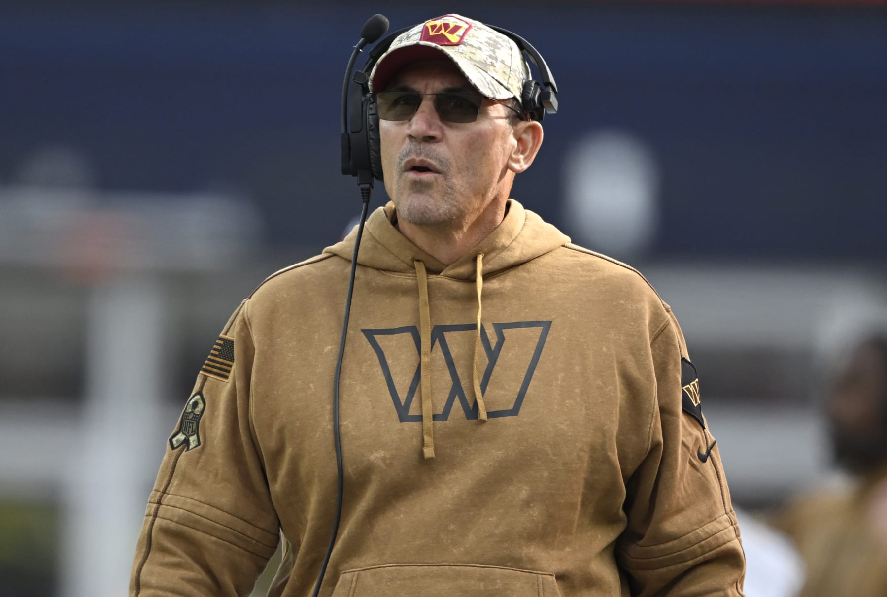 FOXBOROUGH, MA - NOVEMBER 5:  Washington Commanders head coach Ron Rivera during the Washington Commanders defeat of the New England Patriots 20-17 at Gillette Stadium in Foxborough, MA on November5, 2023. (Photo by John McDonnell/The Washington Post via Getty Images)