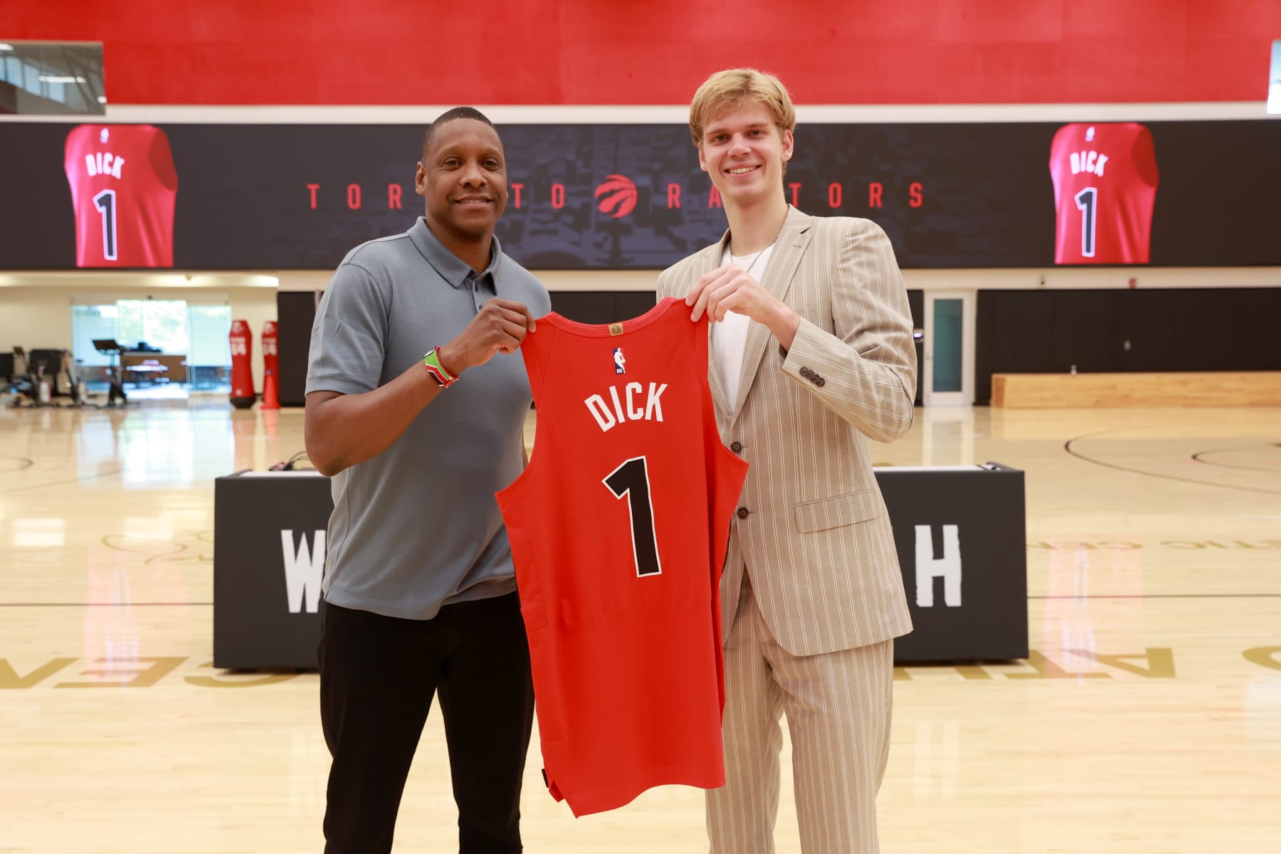 TORONTO, ON - JUNE 26:  Gradey Dick #1 of the Toronto Raptors poses for a photograph with President Masai Ujiri of the Toronto Raptors at OVO Athletic Centre on June 26, 2023 in Toronto, Ontario, Canada.
NOTE TO USER: User expressly acknowledges and agrees that, by downloading and or using this photograph, user is consenting to the terms and conditions of Getty Images License Agreement. Mandatory Copyright Notice: Copyright 2023 NBAE (Photo by Vaughn Ridley/NBAE via Getty Images)