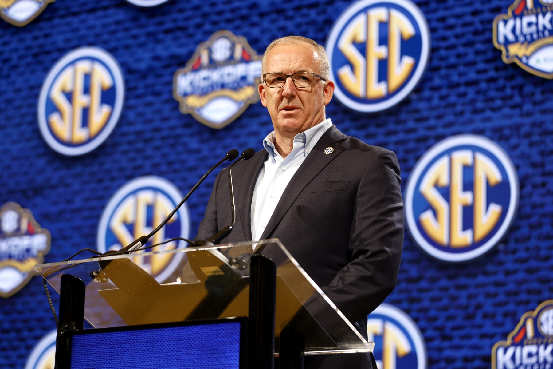 NASHVILLE, TENNESSEE - JULY 17: SEC Commissioner Greg Sankey speaks during Day One of 2023 SEC Media Days at Grand Hyatt Nashville on July 17, 2023 in Nashville, Tennessee. (Photo by Johnnie Izquierdo/Getty Images)