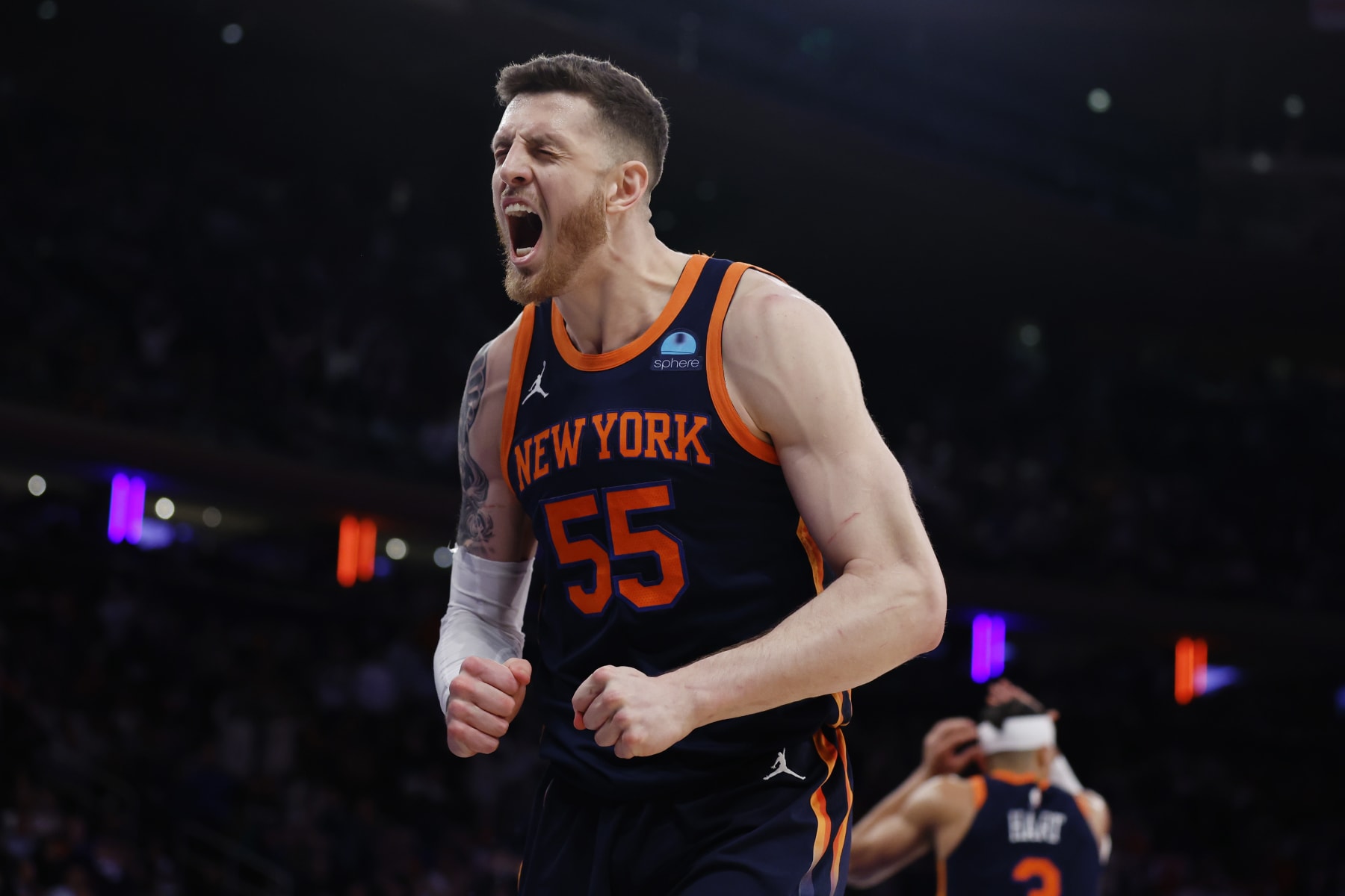 NEW YORK, NEW YORK - APRIL 22: Isaiah Hartenstein #55 of the New York Knicks reacts during the first half against the Philadelphia 76ers in Game Two of the Eastern Conference First Round Playoffs at Madison Square Garden on April 22, 2024 in New York City. The Knicks won 104-101. NOTE TO USER: User expressly acknowledges and agrees that, by downloading and or using this photograph, User is consenting to the terms and conditions of the Getty Images License Agreement. (Photo by Sarah Stier/Getty Images)