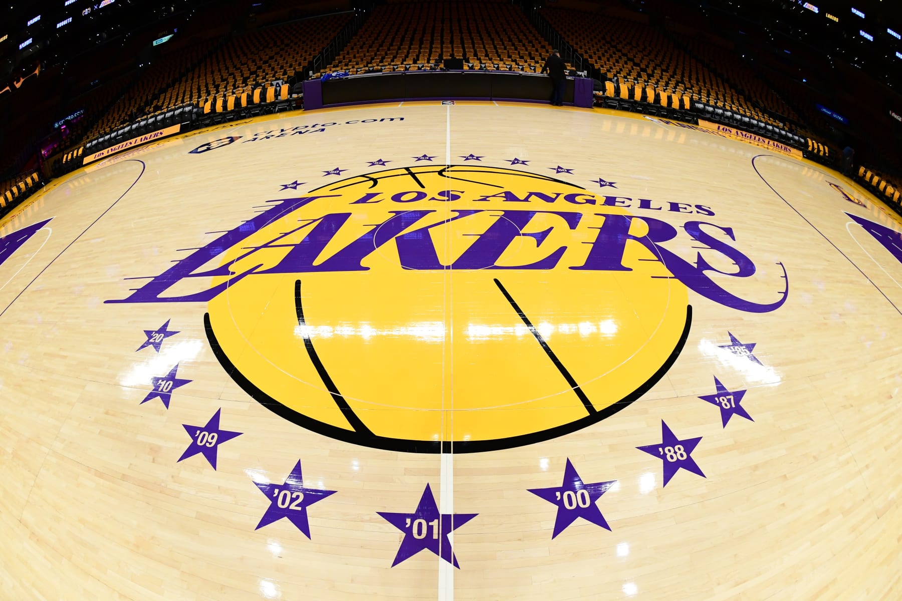 LOS ANGELES, CA - APRIL 25: A view of the Los Angeles Lakers logo before the game against the Denver Nuggets during Round One Game Three of the 2024 NBA Playoffs on April 25, 2024 at Crypto.Com Arena in Los Angeles, California. NOTE TO USER: User expressly acknowledges and agrees that, by downloading and/or using this Photograph, user is consenting to the terms and conditions of the Getty Images License Agreement. Mandatory Copyright Notice: Copyright 2024 NBAE (Photo by Adam Pantozzi/NBAE via Getty Images)