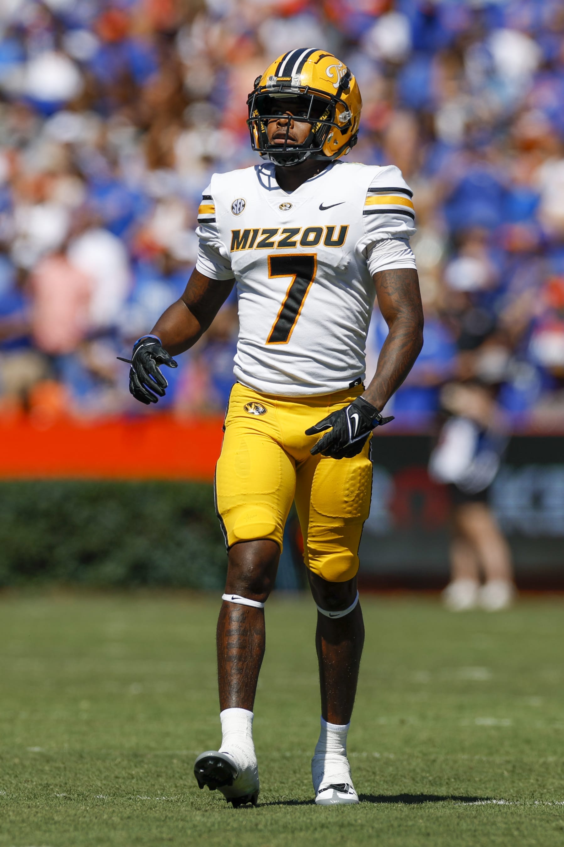 GAINESVILLE, FL - OCTOBER 08: Missouri Tigers wide receiver Dominic Lovett (7) during the game between the Missouri Tigers and the Florida Gators on October 8, 2022 at Ben Hill Griffin Stadium at Florida Field in Gainesville, Fl. (Photo by David Rosenblum/Icon Sportswire via Getty Images)
