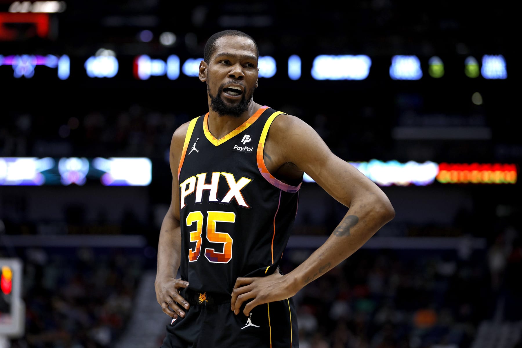 NEW ORLEANS, LOUISIANA - APRIL 01: Kevin Durant #35 of the Phoenix Suns stands on the court during the fourth quarter of an NBA game against the New Orleans Pelicans at Smoothie King Center on April 01, 2024 in New Orleans, Louisiana. NOTE TO USER: User expressly acknowledges and agrees that, by downloading and or using this photograph, User is consenting to the terms and conditions of the Getty Images License Agreement. (Photo by Sean Gardner/Getty Images)