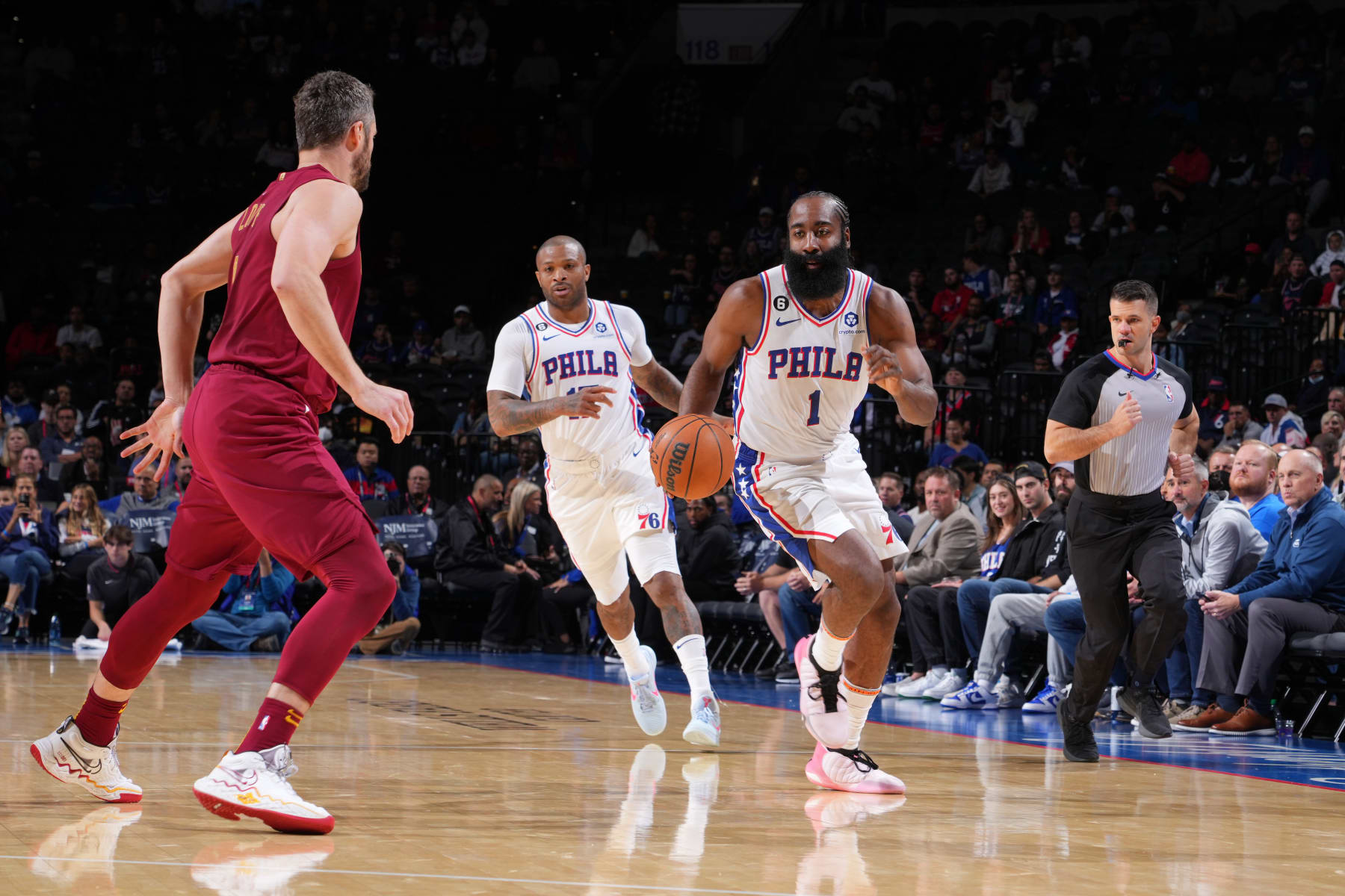 PHILADELPHIA, PA - OCTOBER 5: James Harden #1 of the Philadelphia 76ers dribbles the ball against the Cleveland Cavaliers during a preseason game on October 5, 2022 at the Wells Fargo Center in Philadelphia, Pennsylvania NOTE TO USER: User expressly acknowledges and agrees that, by downloading and/or using this Photograph, user is consenting to the terms and conditions of the Getty Images License Agreement. Mandatory Copyright Notice: Copyright 2022 NBAE (Photo by Jesse D. Garrabrant/NBAE via Getty Images)