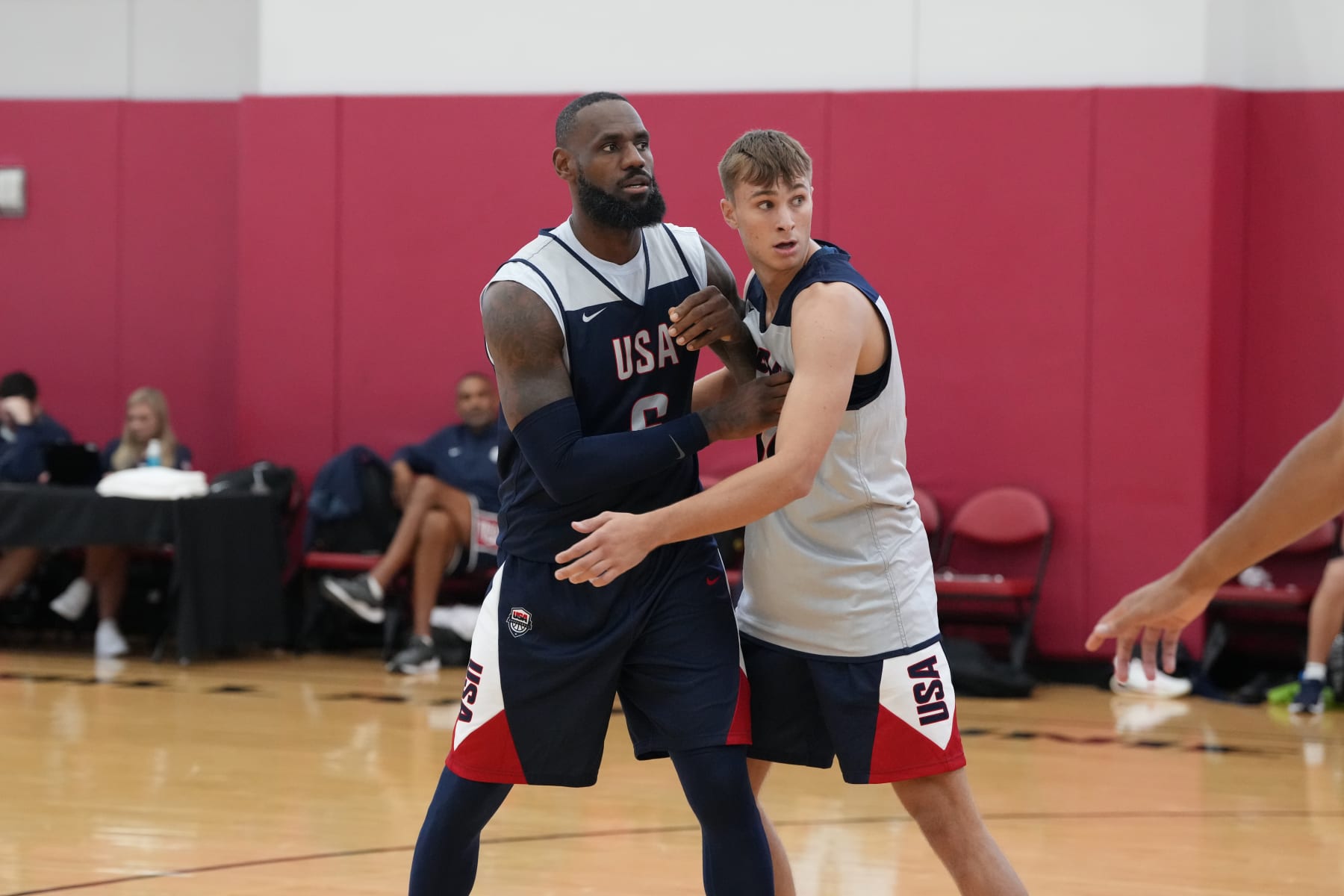 LAS VEGAS, NV - JULY 7: LeBron James #6 and Cooper Flagg #31 of the USA Basketball Men's Team look on during USAB Men's Training Camp in Las Vegas on July 7, 2024 in Las Vegas Nevada. NOTE TO USER: User expressly acknowledges and agrees that, by downloading and/or using this Photograph, user is consenting to the terms and conditions of the Getty Images License Agreement. Mandatory Copyright Notice: Copyright 2024 NBAE (Photo by Joe Amati/NBAE via Getty Images)