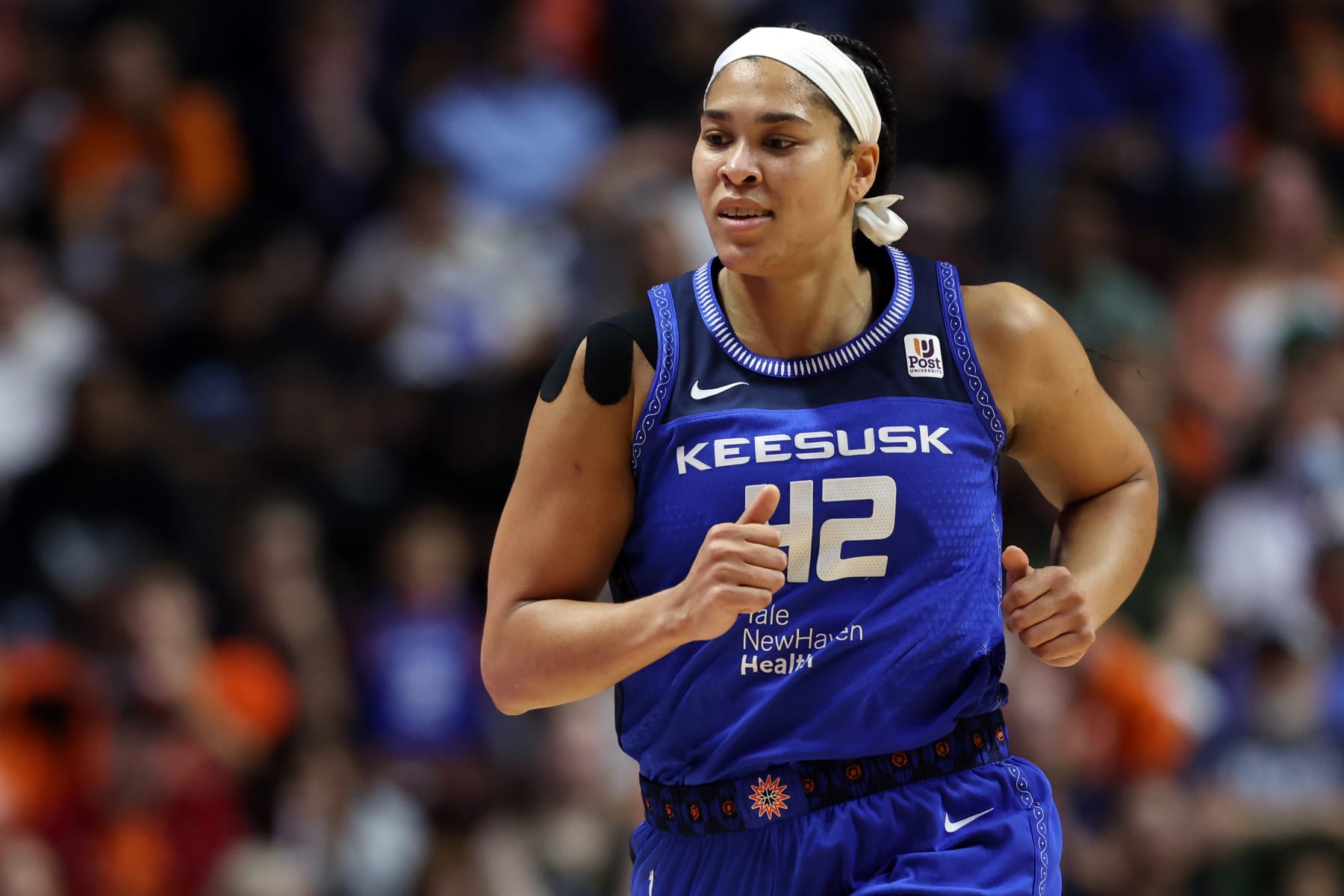 UNCASVILLE, CONNECTICUT - SEPTEMBER 15: Brionna Jones #42 of the Connecticut Sun looks on during Game Three of the 2022 WNBA Finals at Mohegan Sun Arena on September 15, 2022 in Uncasville, Connecticut. Thomas recorded the first triple-double in WNBA NOTE TO USER: User expressly acknowledges and agrees that, by downloading and/or using this Photograph, user is consenting to the terms and conditions of the Getty Images License Agreement. Mandatory Copyright Notice: Copyright 2022 NBAE (Photo by Maddie Meyer/Getty Images)